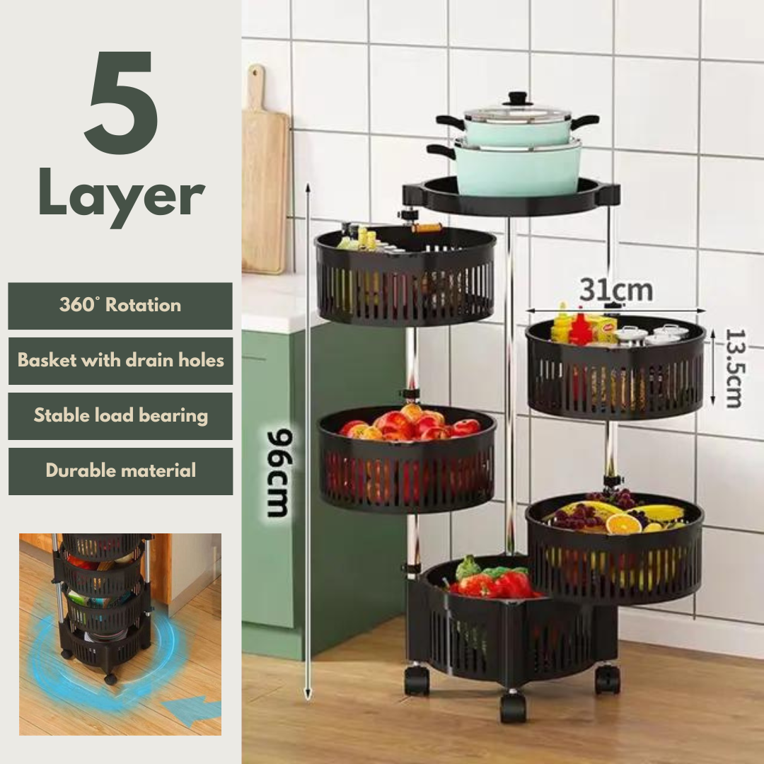 360° Rotating Kitchen Storage Rack, 5 Layer Organizer Shelf