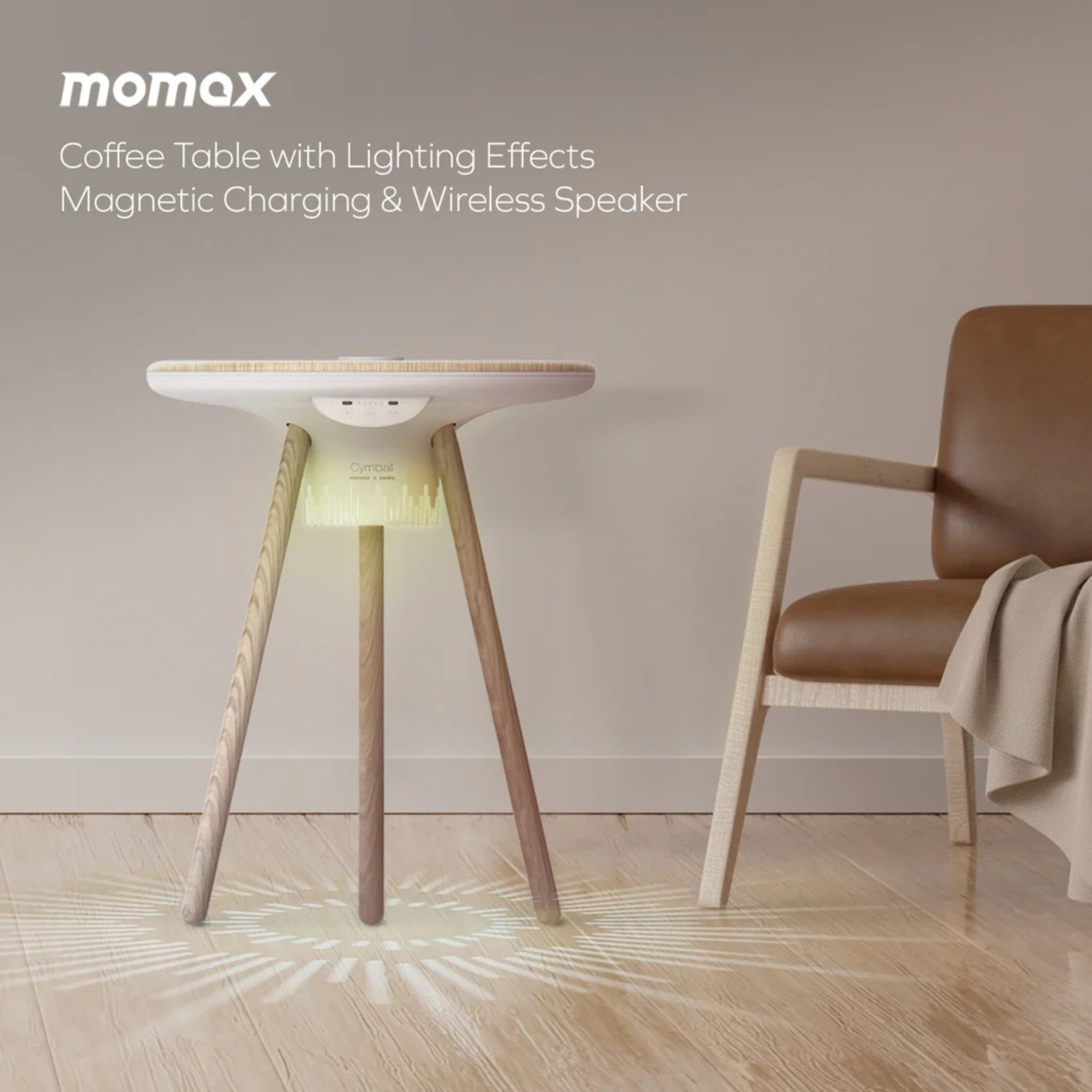 Momax Cymbal Foldable Smart Table With Wireless Charging, Speakers, USB-C Ports, and LED Lighting Effects