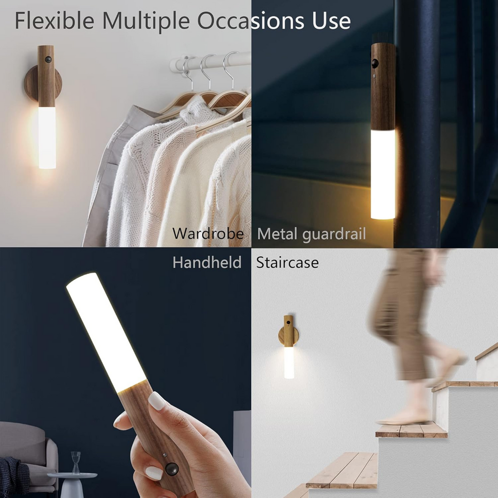 Wall Mounted Rechargeable Motion Sensor Night Lamp, Magnetic Induction Wooden Design Light