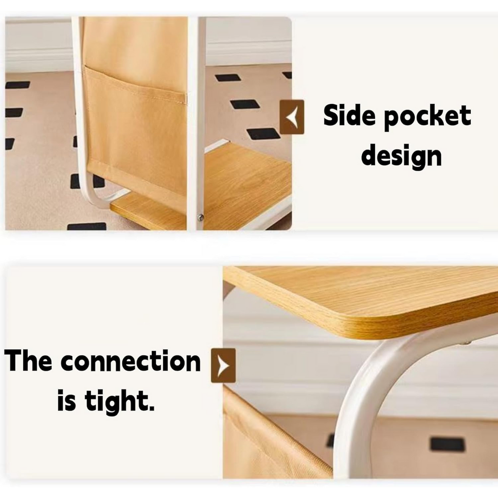 C Shaped Bedside Coffee Table with Side Pocket & Wheels