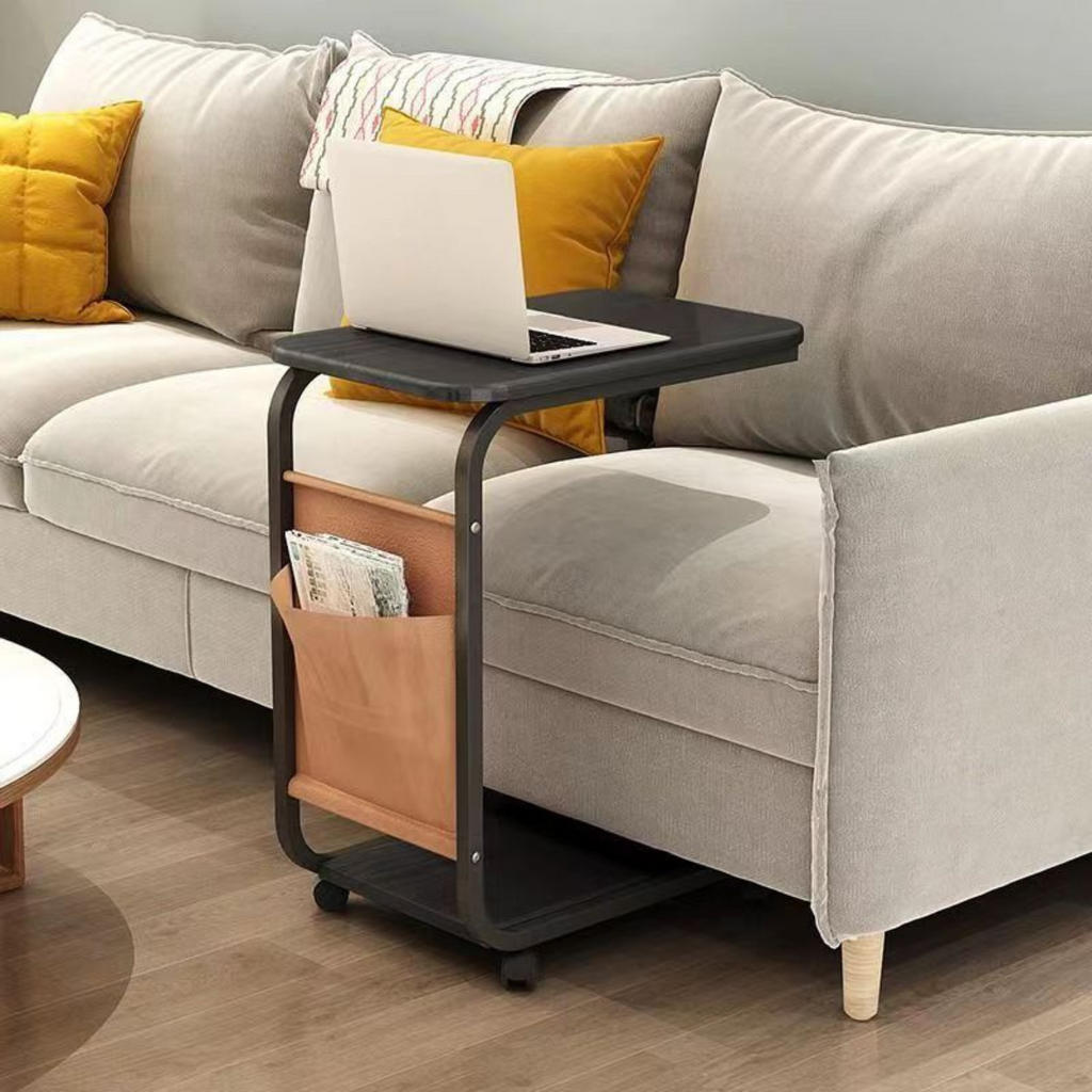 C Shaped Bedside Coffee Table with Side Pocket & Wheels