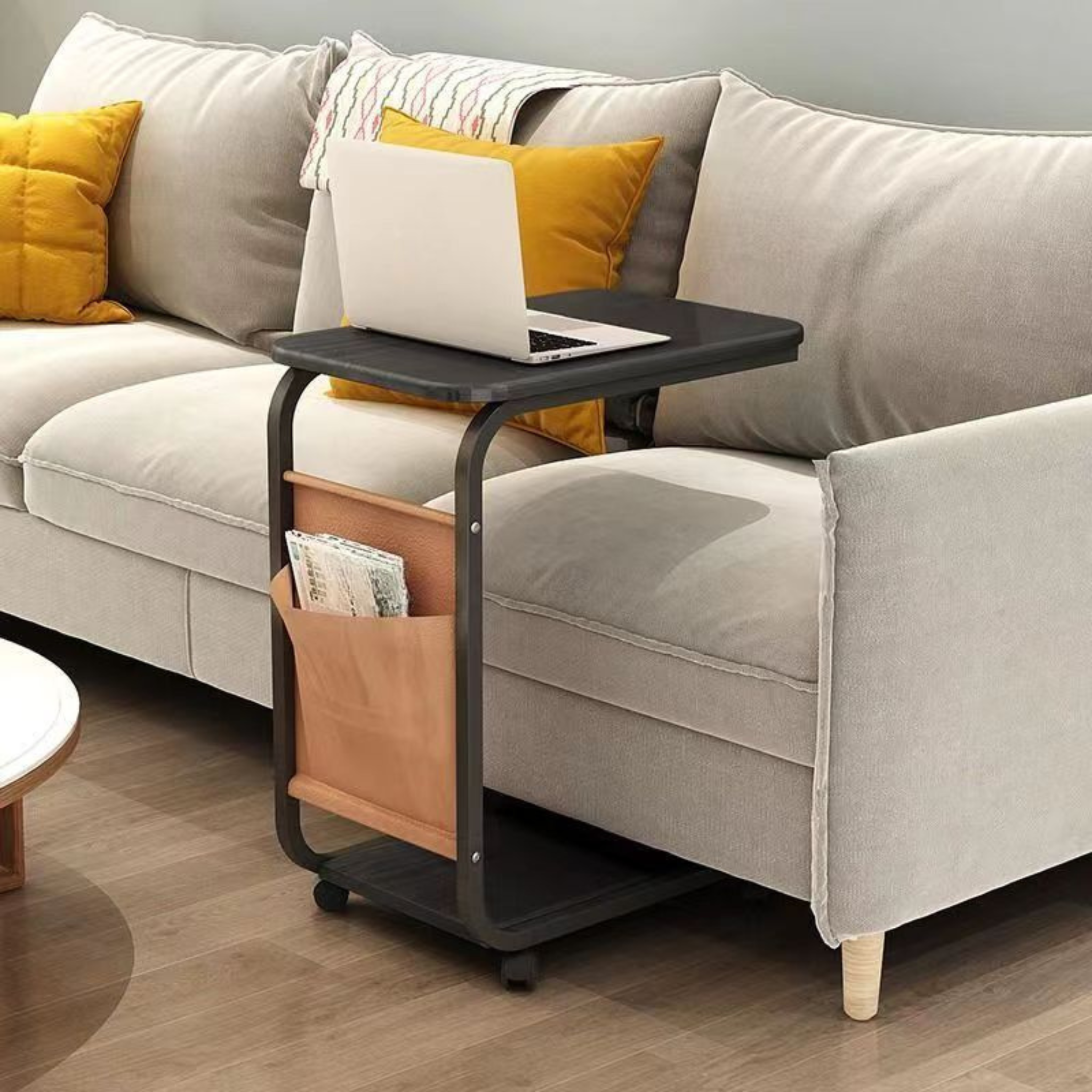 C Shaped Bedside Coffee Table with Side Pocket & Wheels