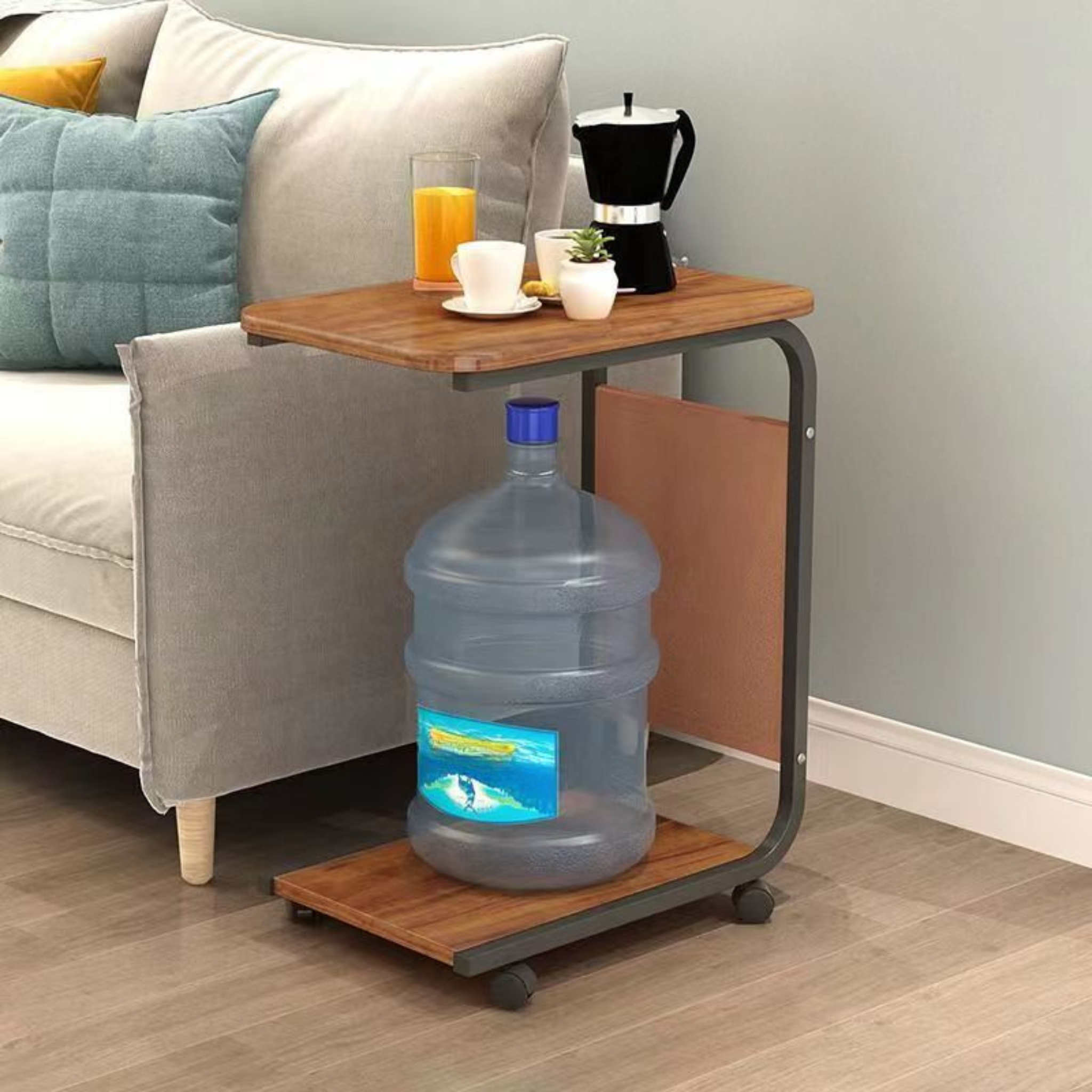 C Shaped Bedside Coffee Table with Side Pocket & Wheels