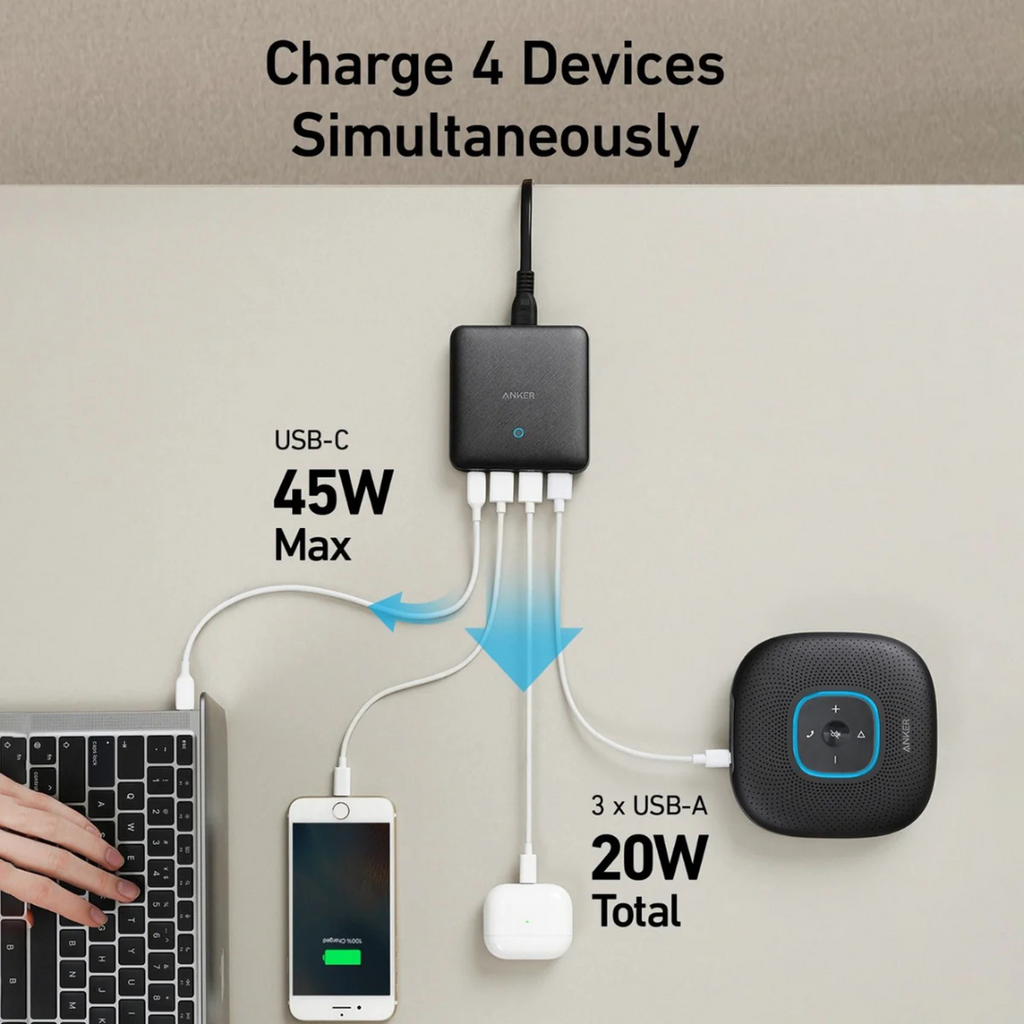 Anker PowerPort Atom 3 Slim 65W - 4-Port High-Speed Multi-Port Fast Charging Station
