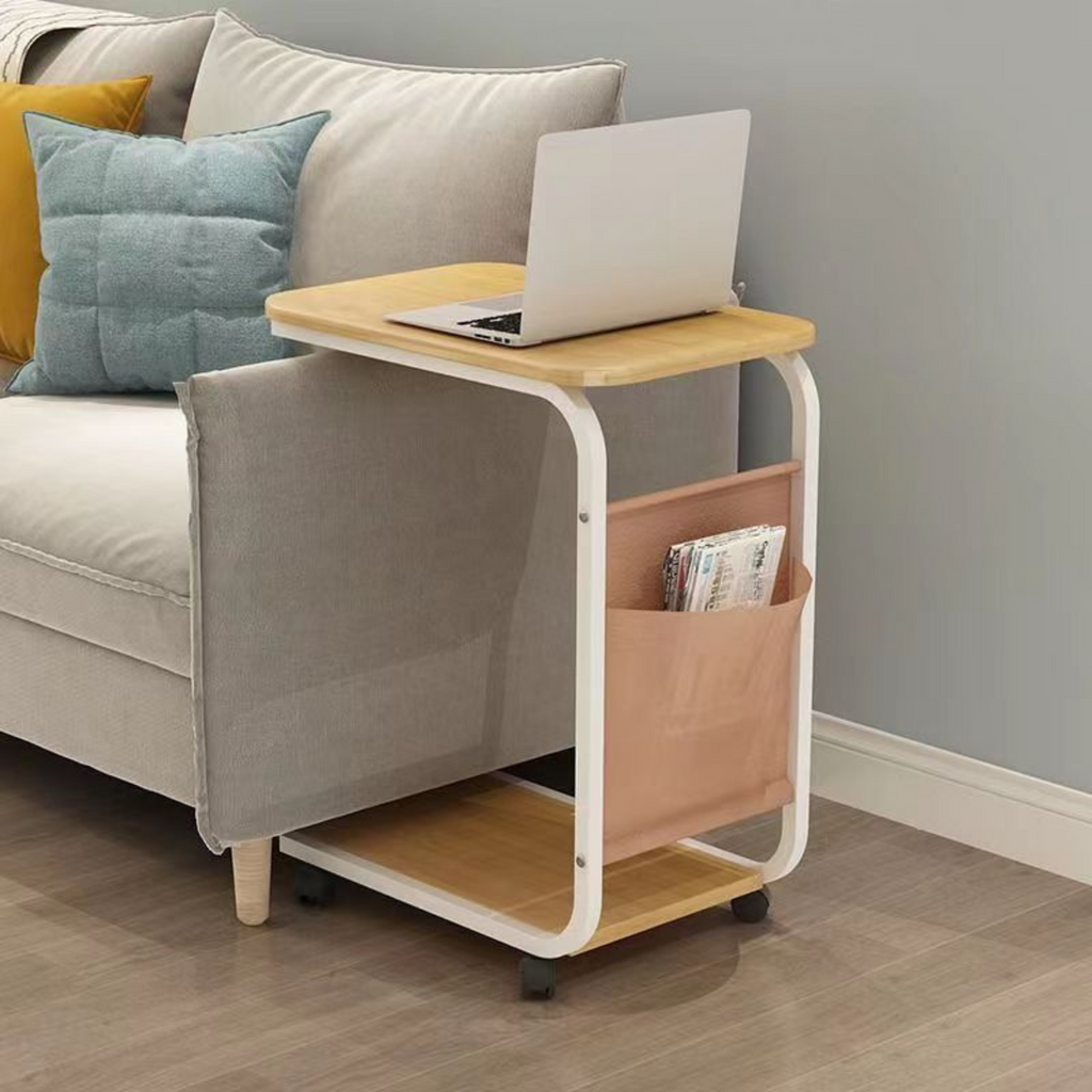 C Shaped Bedside Coffee Table with Side Pocket & Wheels