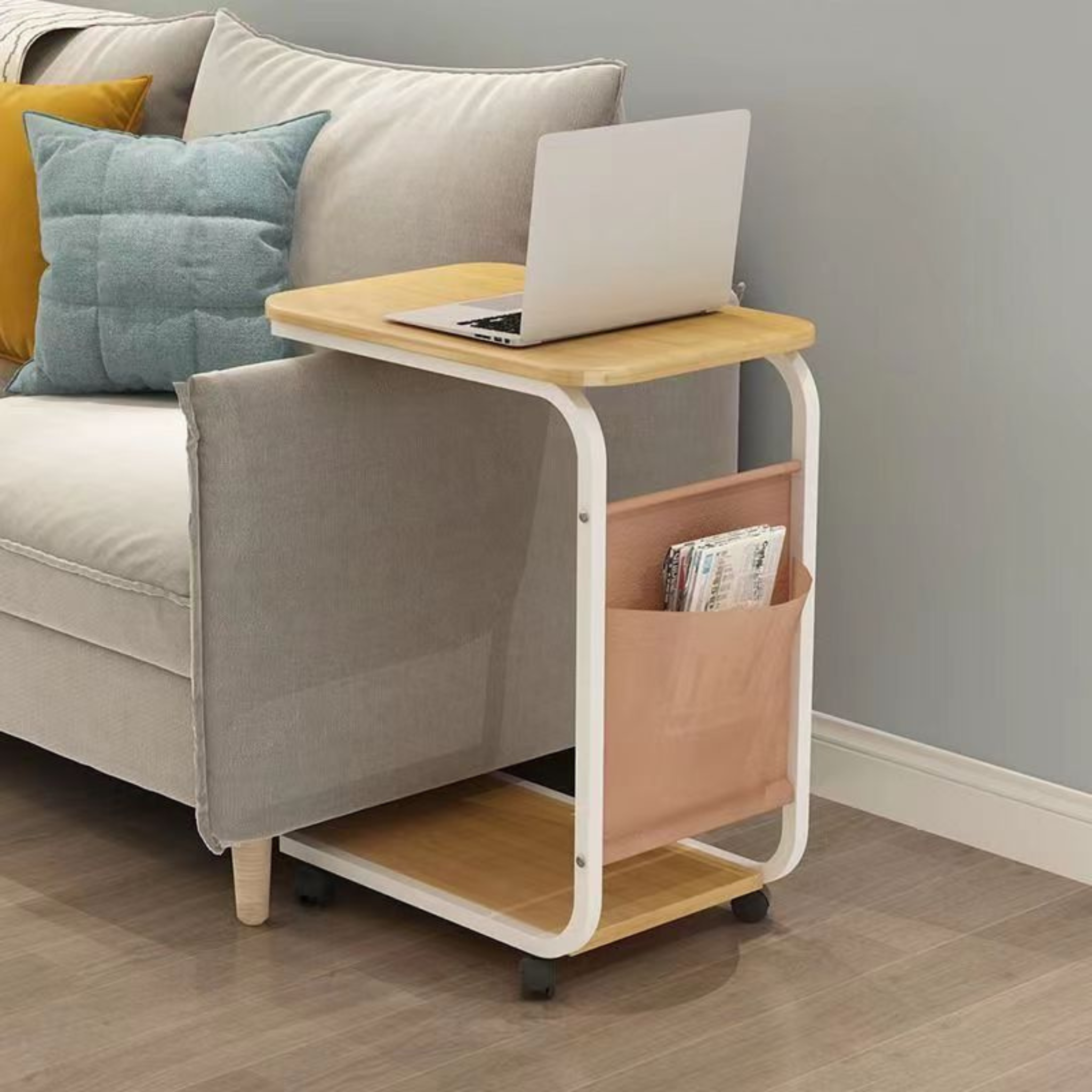 C Shaped Bedside Coffee Table with Side Pocket & Wheels