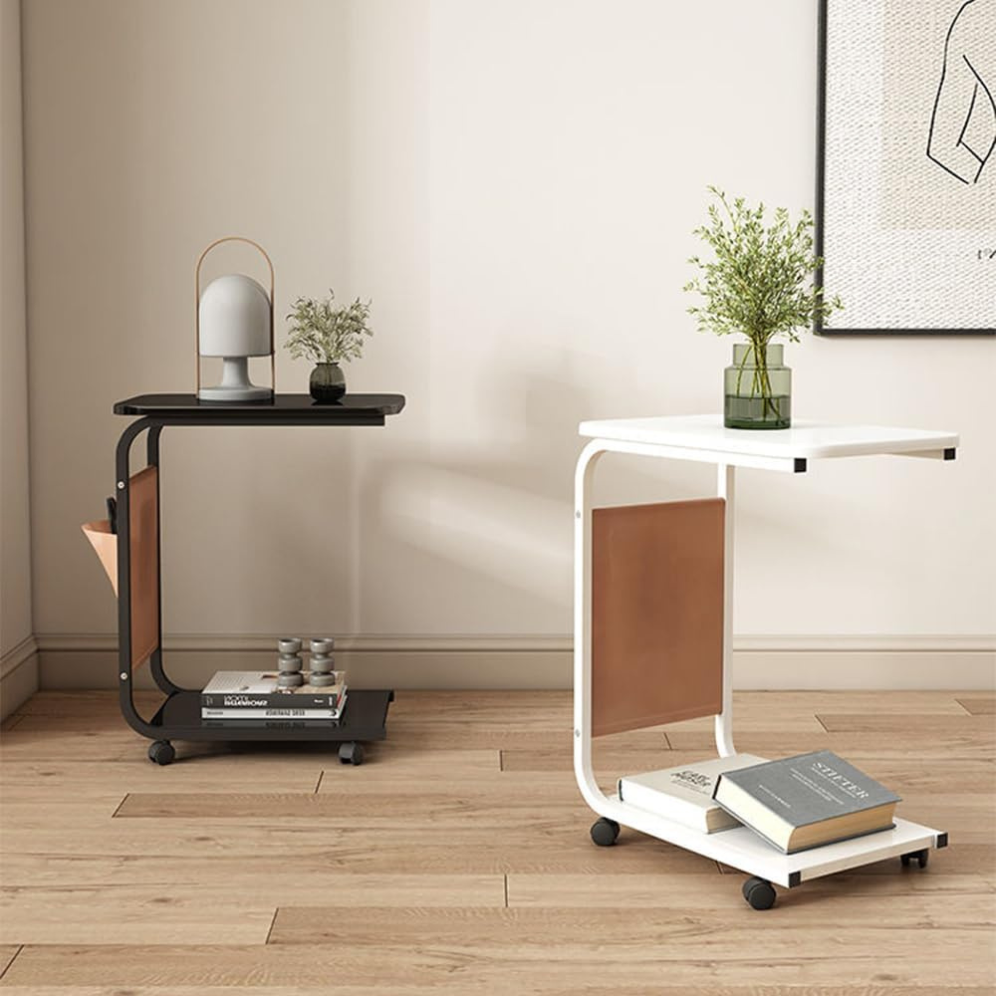 C Shaped Bedside Coffee Table with Side Pocket & Wheels