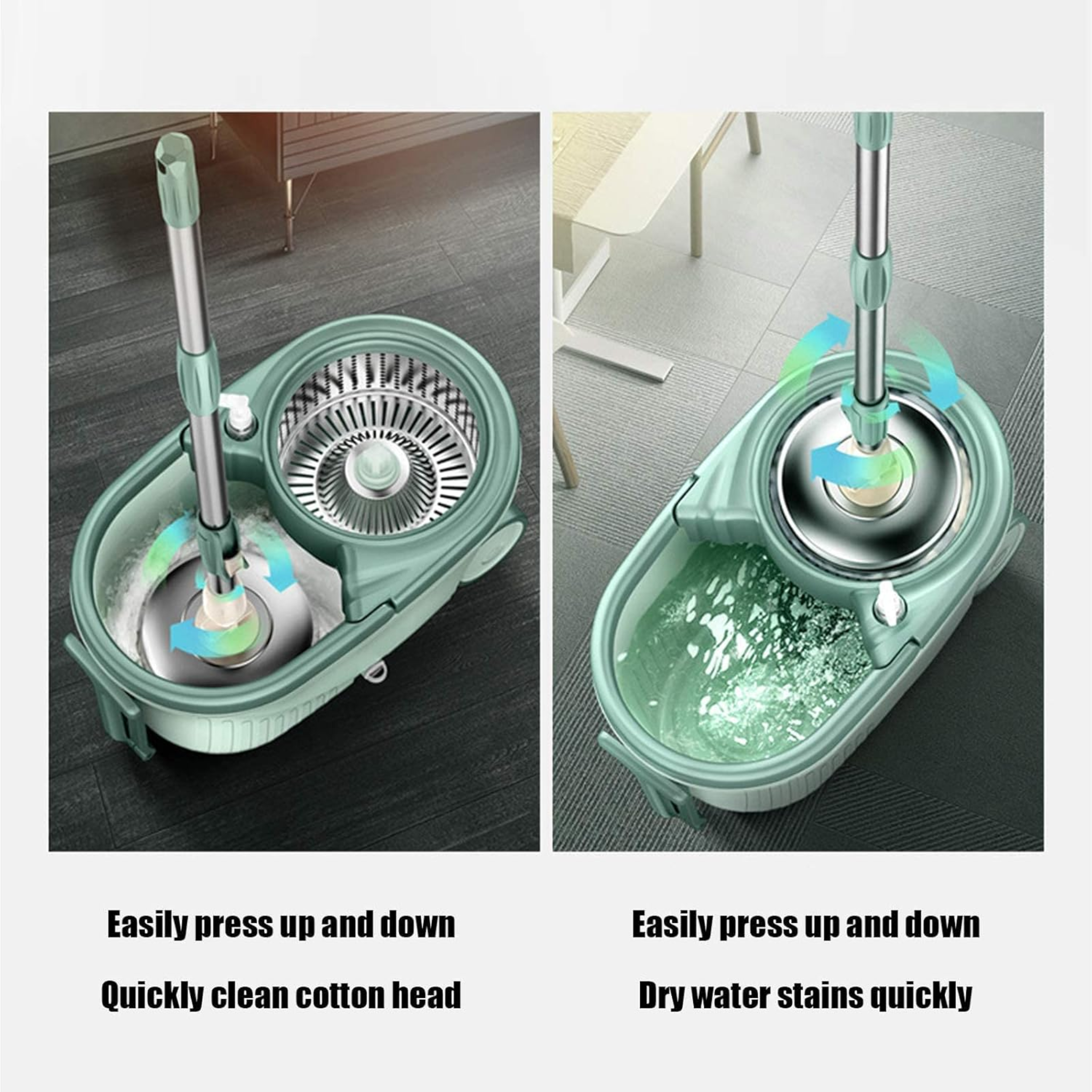 Spin Floor Mop Bucket Set with Wringer, Hands-free Wring Mop with 2 Microfiber Heads