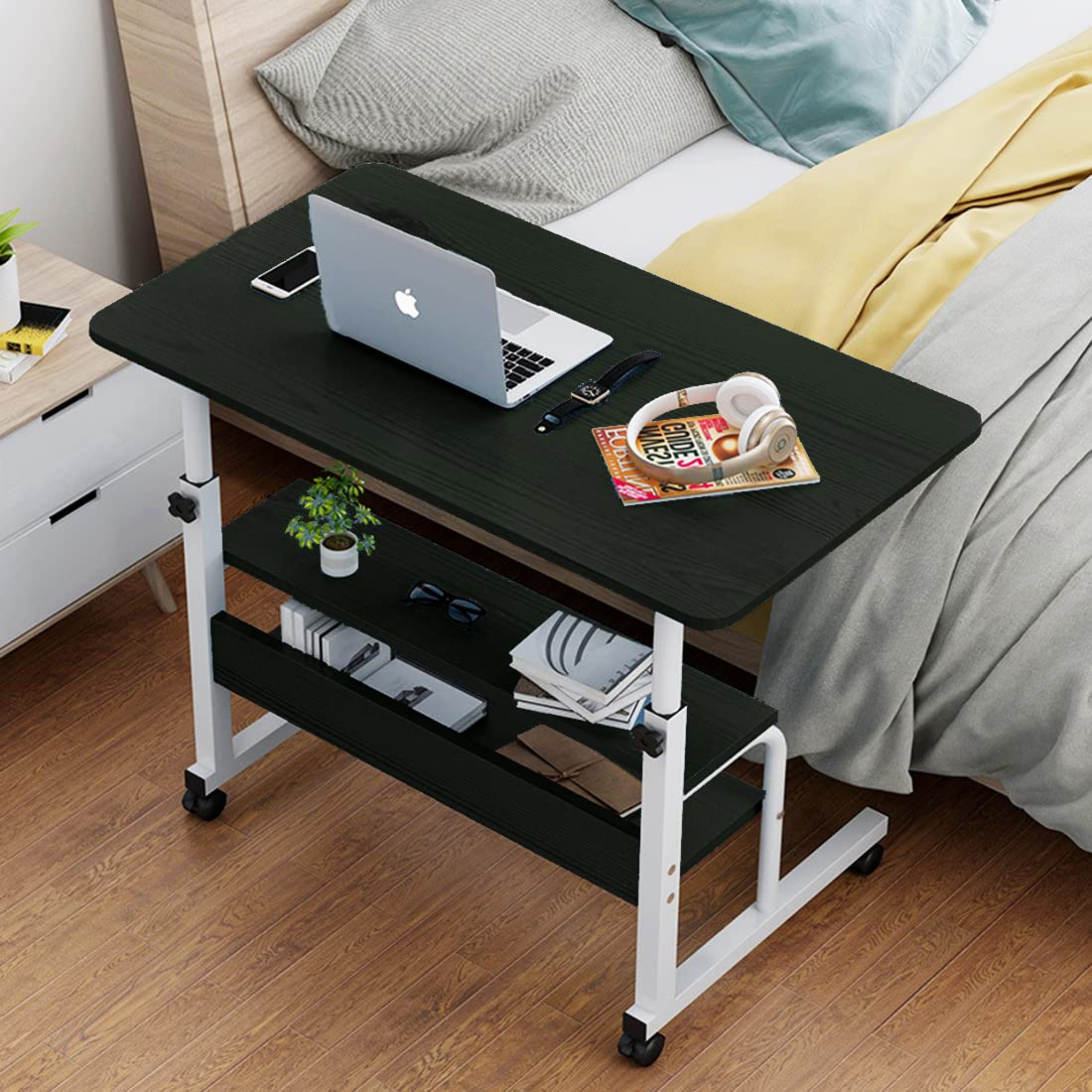 Bedside Laptop Desk Table with Storage Shelves