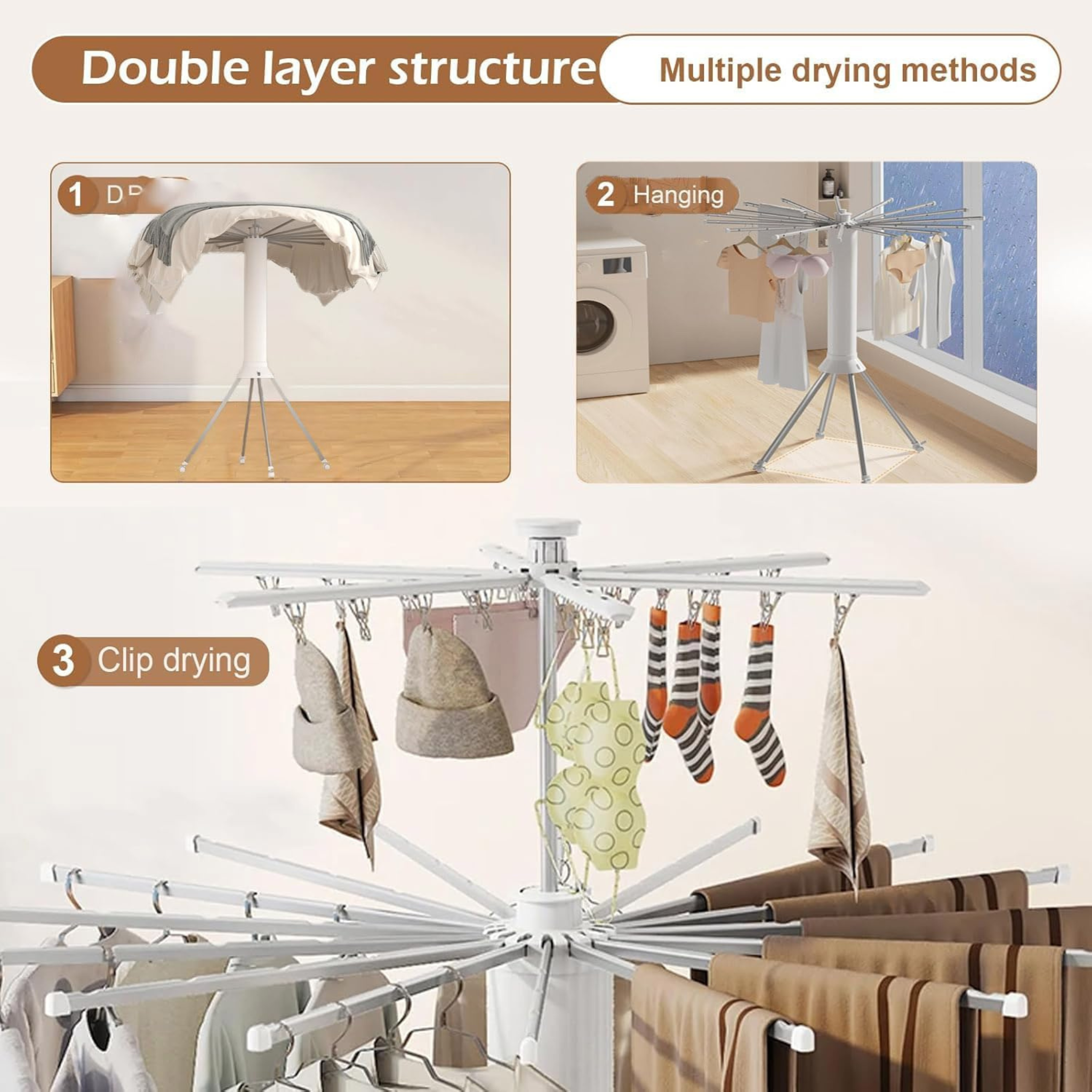 Folding Clothes Dryer, 360° Octopus Clothes Airer with Locking Wheels