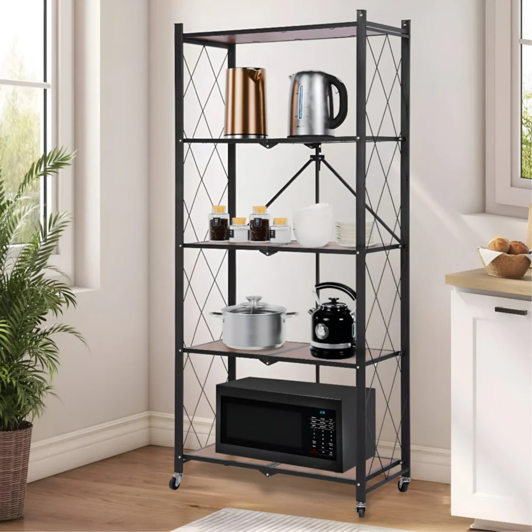 Heavy Duty Folding Storage Rack with Wooden Shelf for Kitchen and Home