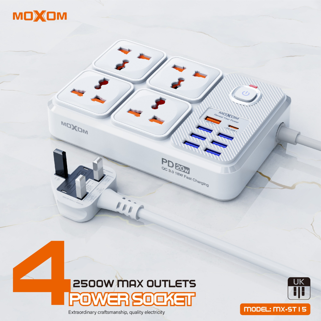 MOXOM MX-ST15 PD20W+QC18W 2500W Strip USB Adapter Extension Board