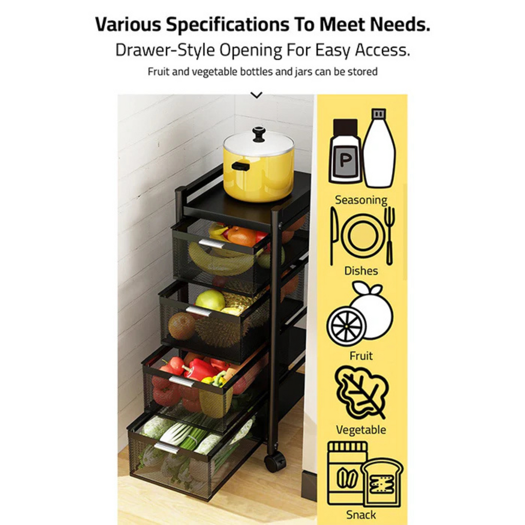 Multi-Layer Drawer Kitchen Trolley Rack, Movable Storage Cart, Pull-Out Organizer with Wheel