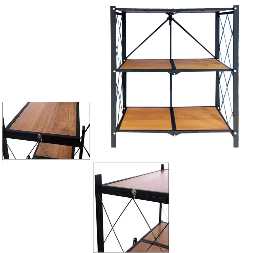 Heavy Duty Folding Storage Rack with Wooden Shelf for Kitchen and Home