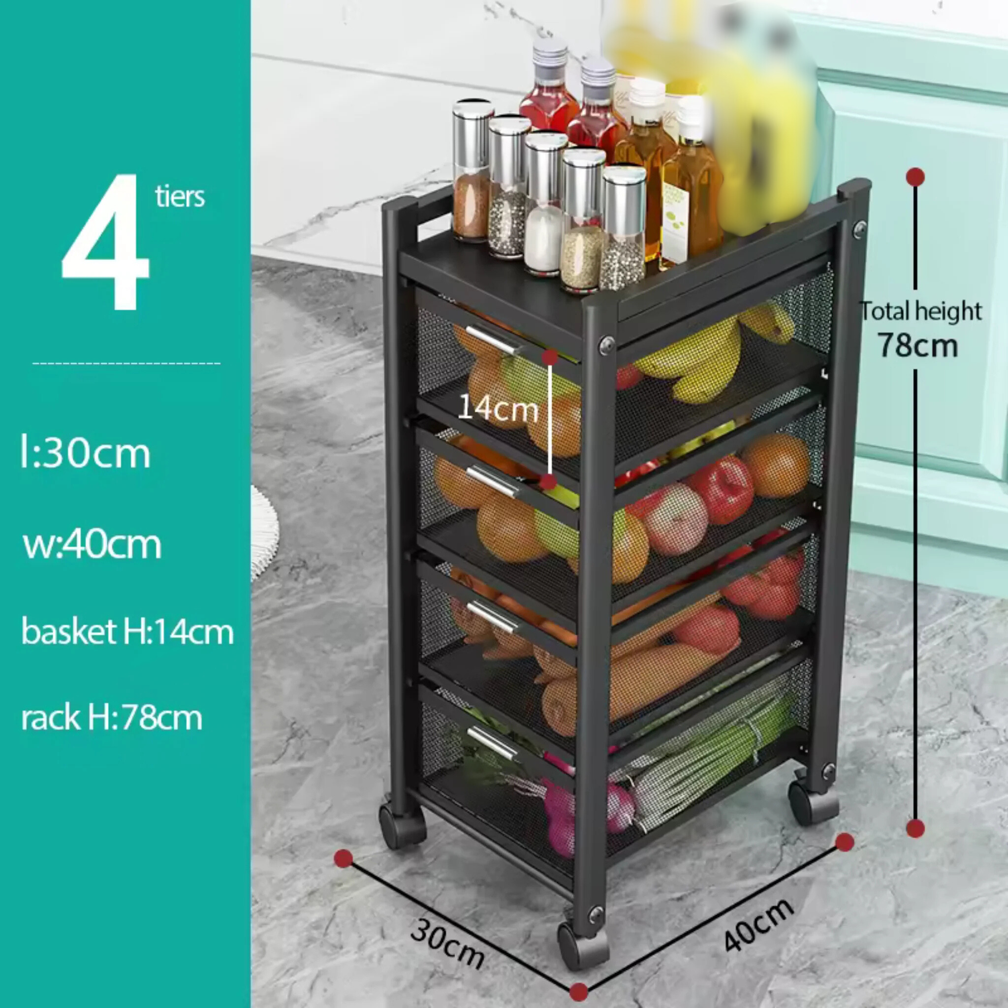 Multi-Layer Drawer Kitchen Trolley Rack, Movable Storage Cart, Pull-Out Organizer with Wheel
