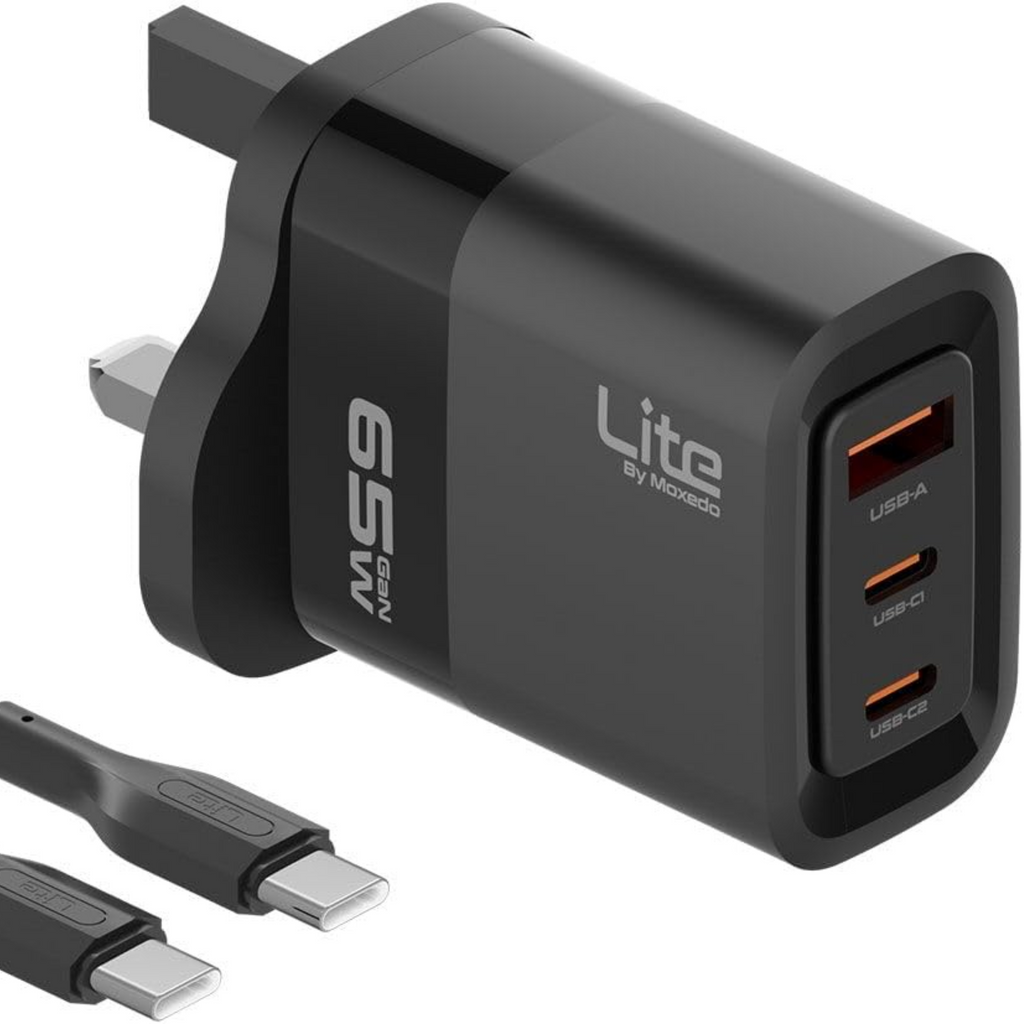 Moxedo Lite 65W Fast Charging GaN Charger with Dual USB C / 1 USB A Port & USB C Cable