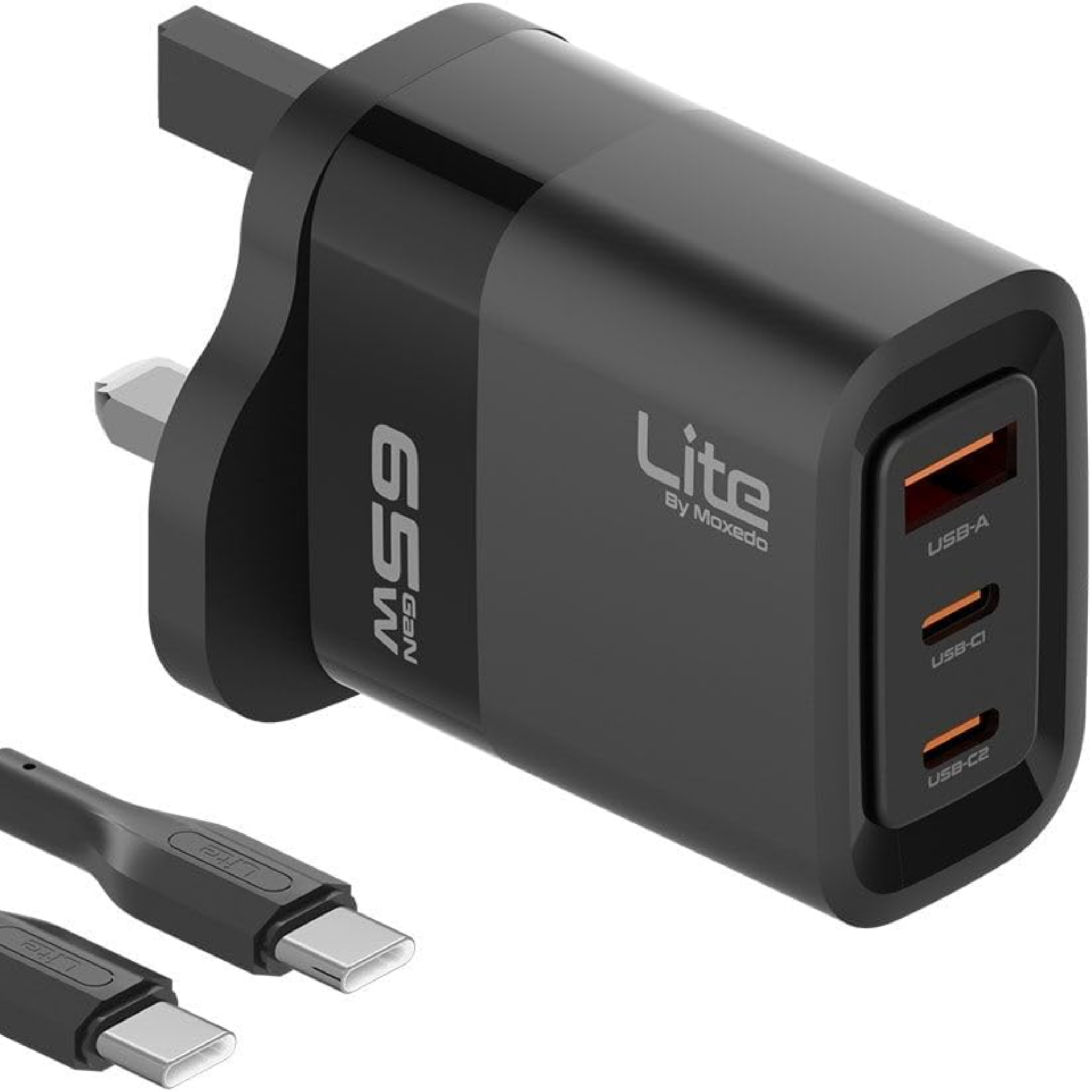 Moxedo Lite 65W Fast Charging GaN Charger with Dual USB C / 1 USB A Port & USB C Cable