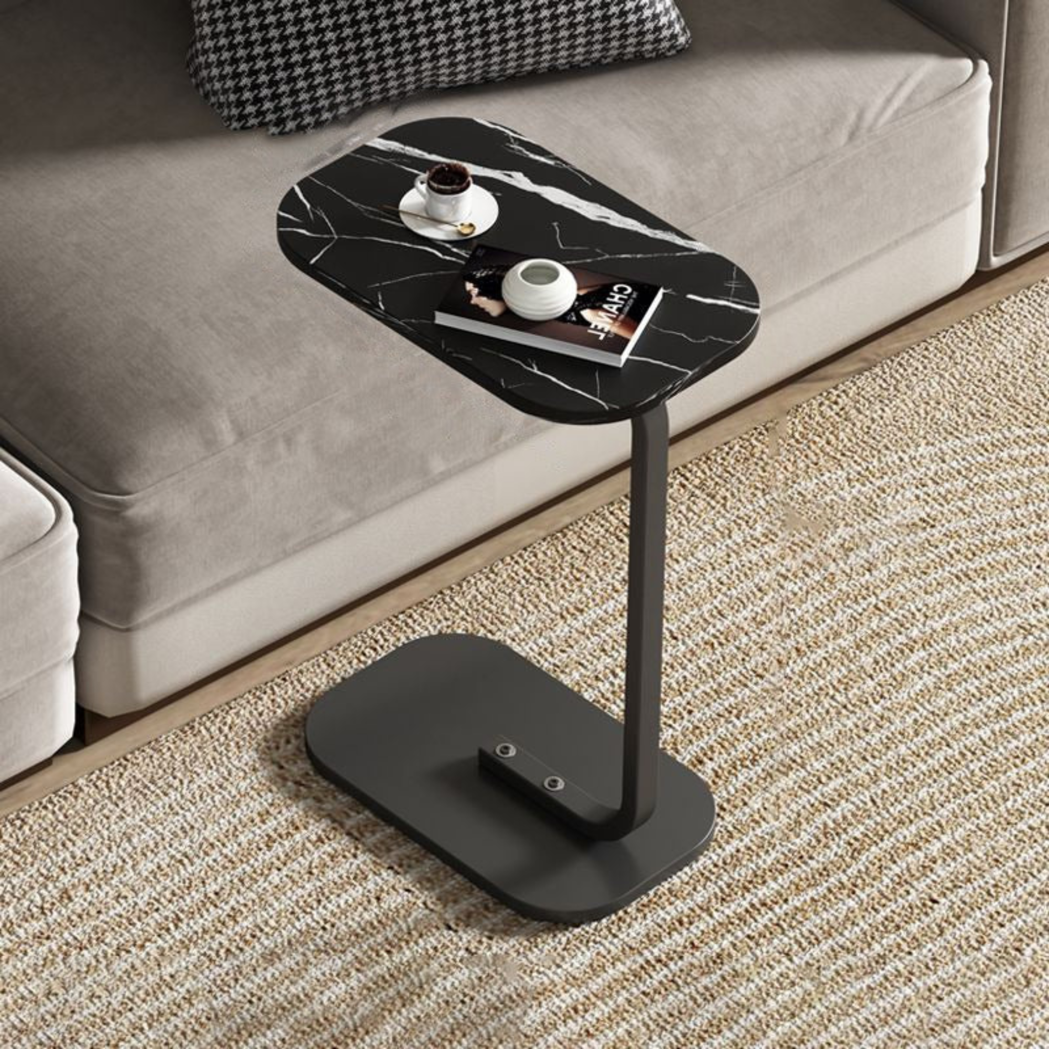 C Shaped Wooden Coffee Side Table for Living Room