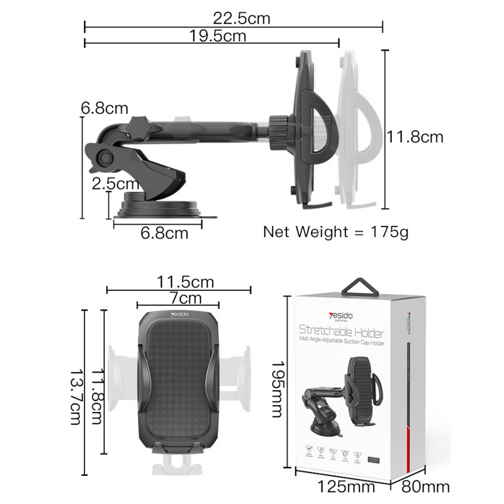 Yesido C111 Stretchable Long Arm Car Mobile Phone Holder with Button