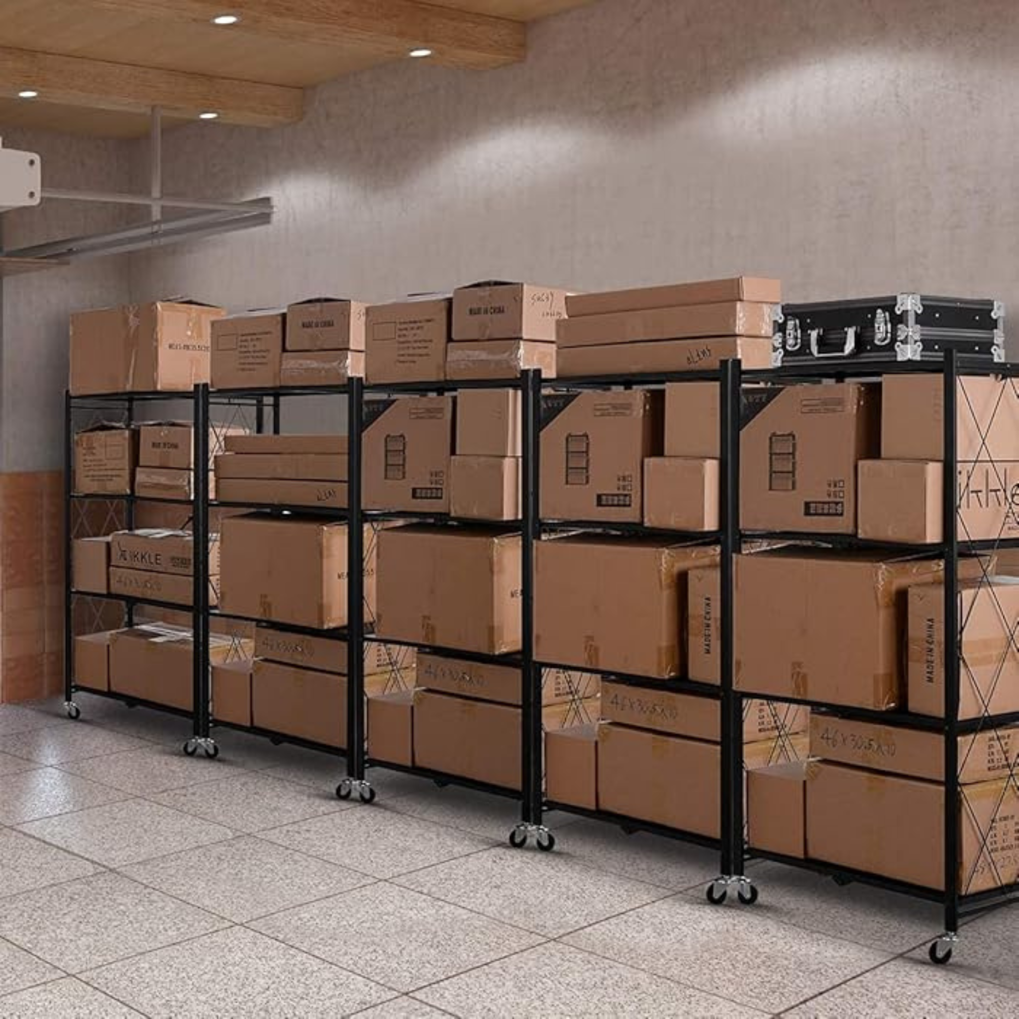 Heavy Duty Folding Storage Rack with Wooden Shelf for Kitchen and Home