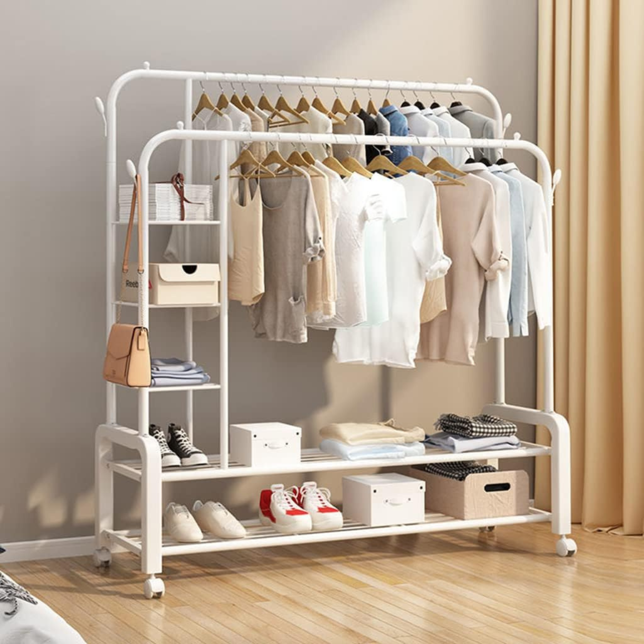 Double Pole Multifunctional 58Kg Double Layer Clothes Hanger with Wheels