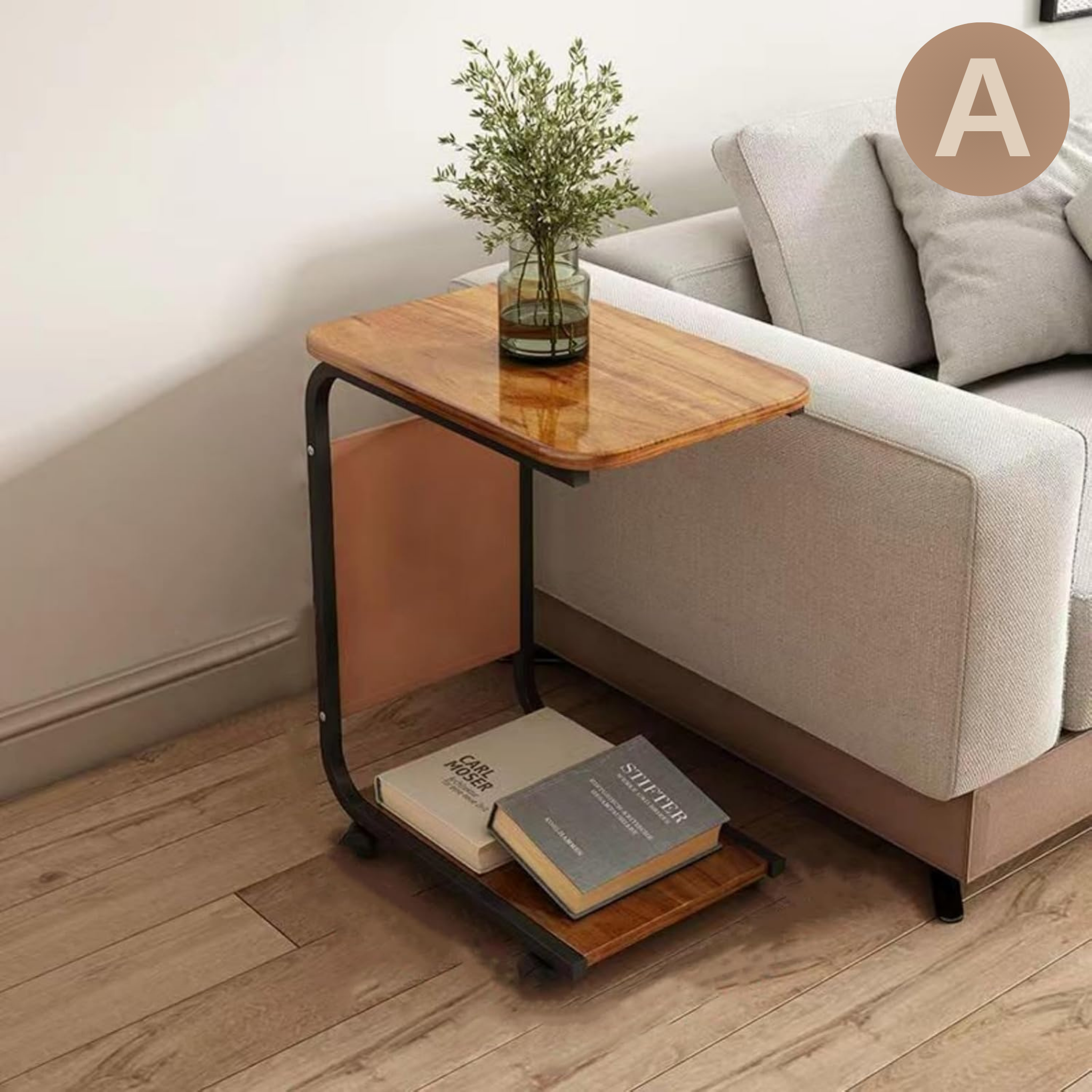 C Shaped Bedside Coffee Table with Side Pocket & Wheels
