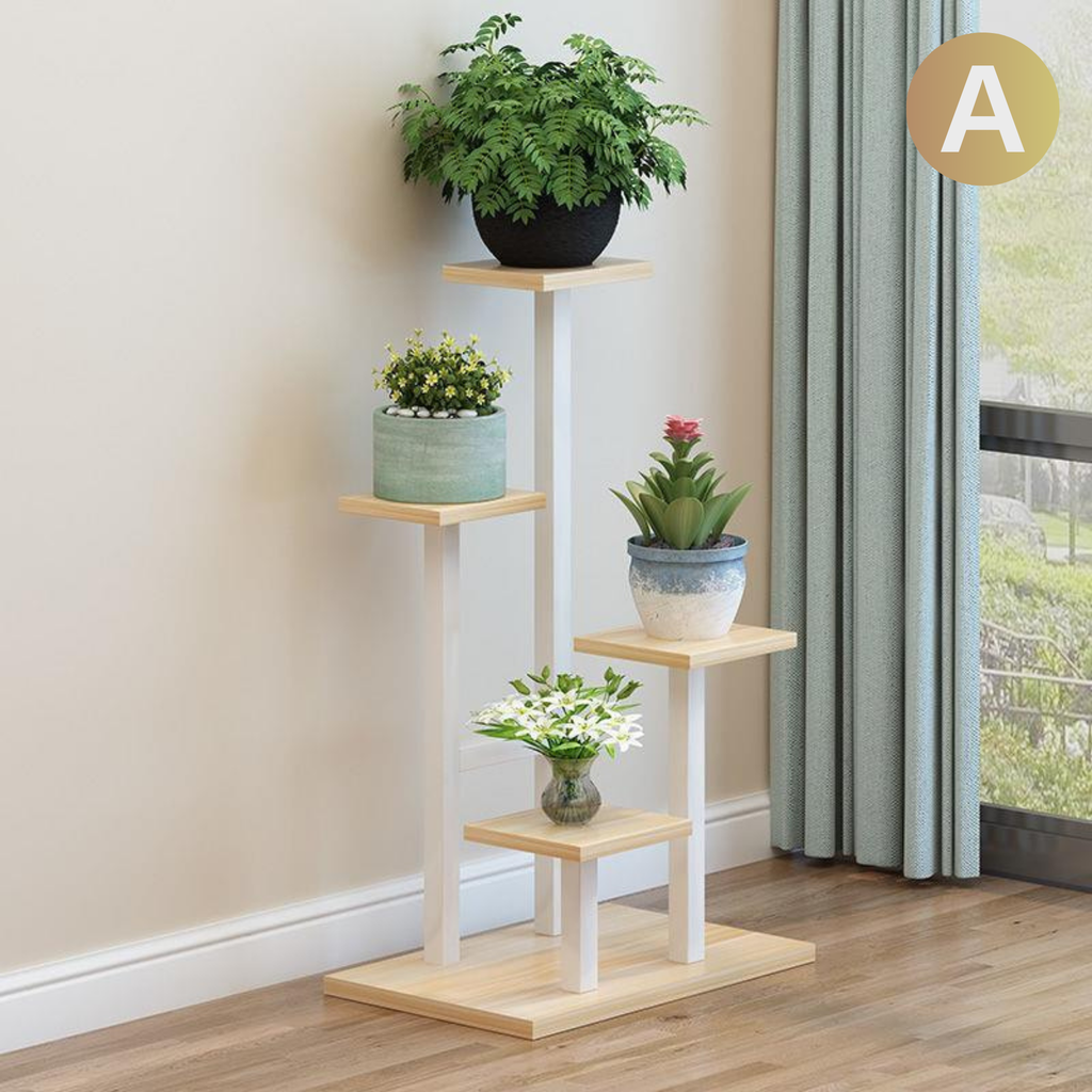 A modern indoor plant stand with four tiers, made of metal and plywood, with various plants on it