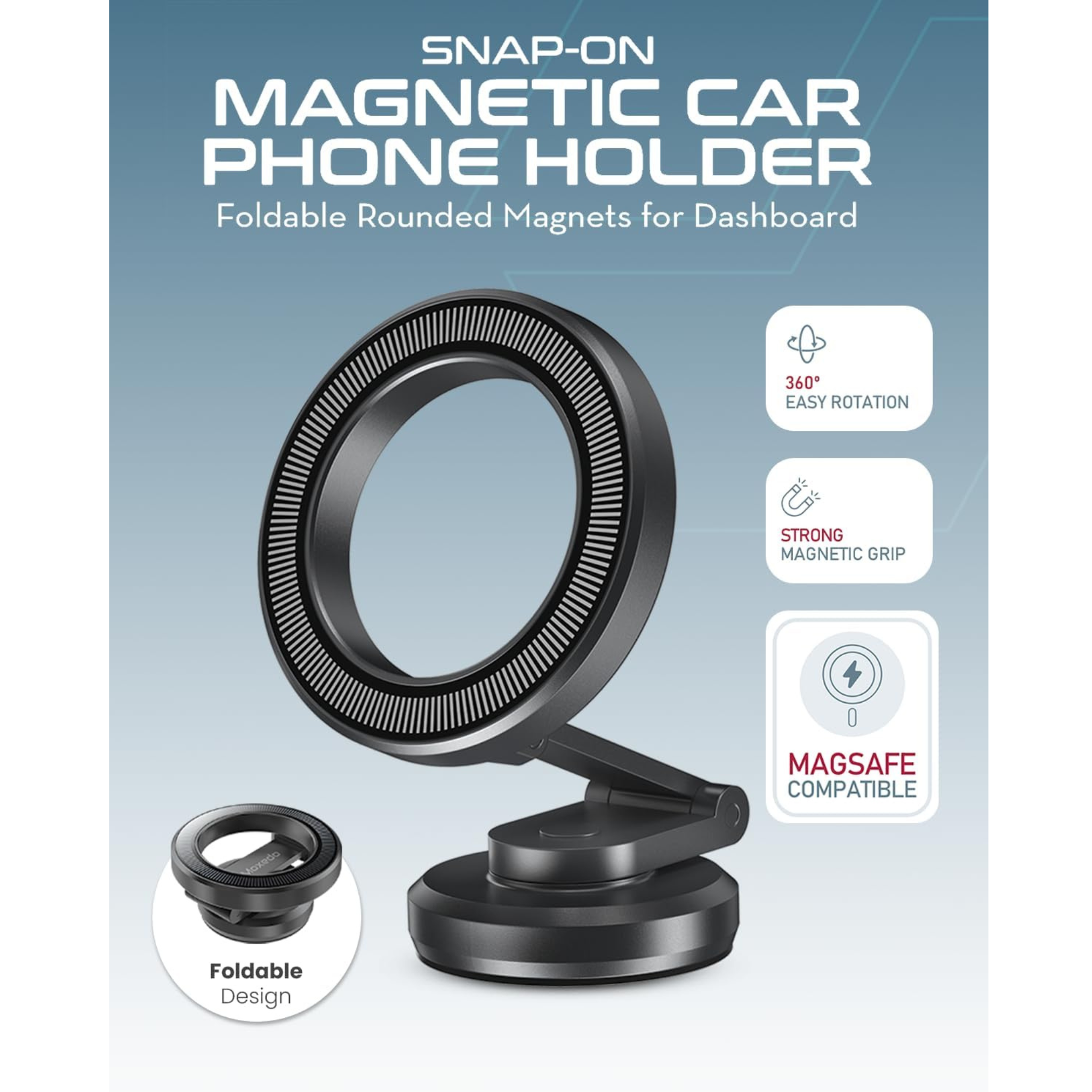 Moxedo 360° Rotating Foldable Snap-On Magnetic Car Phone Holder
