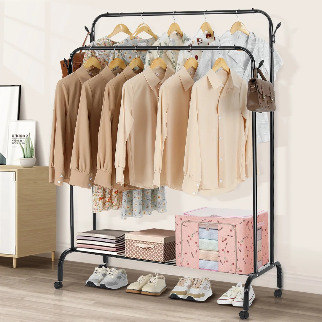 Garment Rack with Wheels - 35Kg Load Capacity Double Rode Hanging Clothes Drying Stand