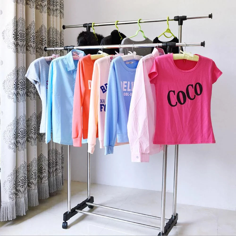 Stainless Steel Double Rails 2x Telescopic Clothes Rack with Wheels