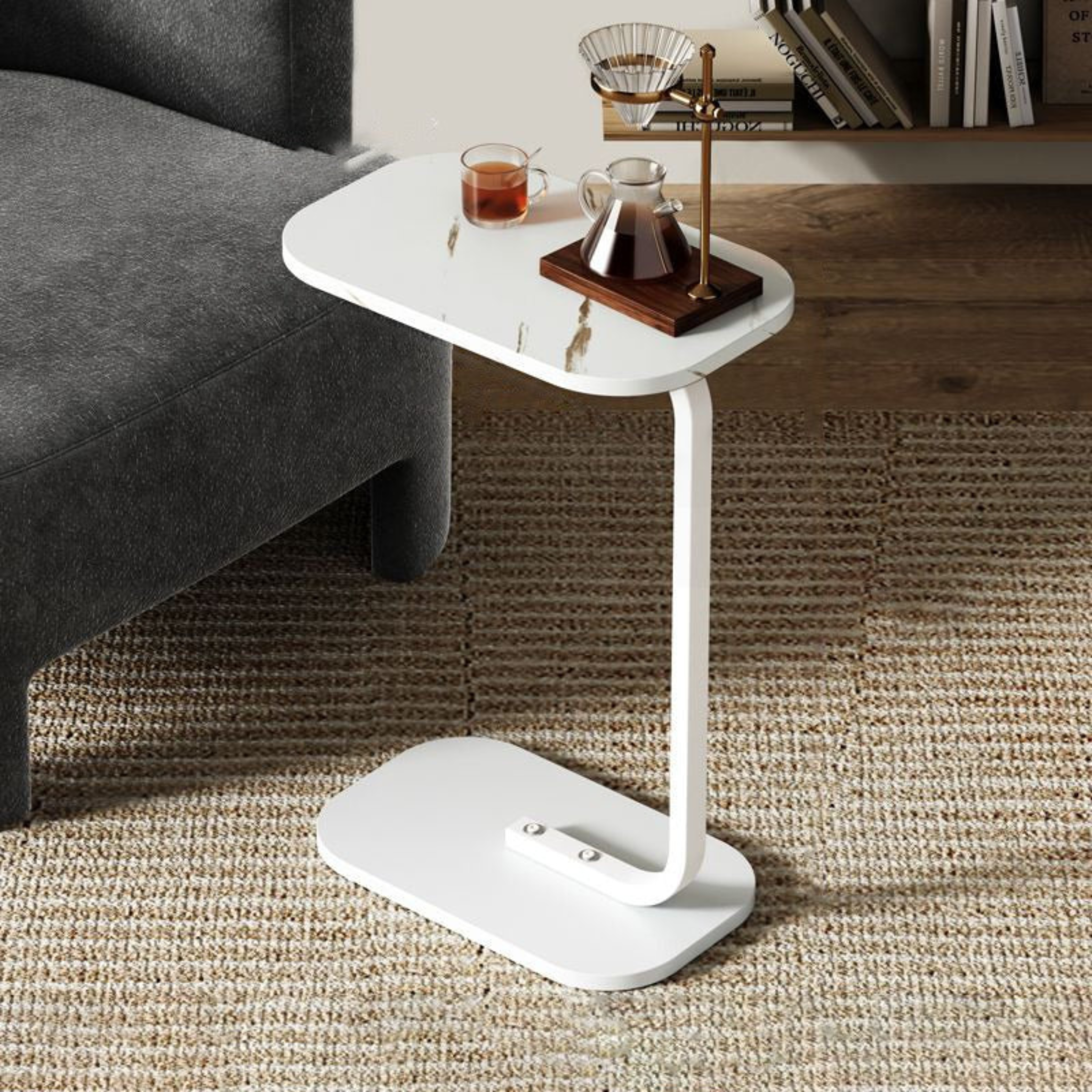 C Shaped Wooden Coffee Side Table for Living Room
