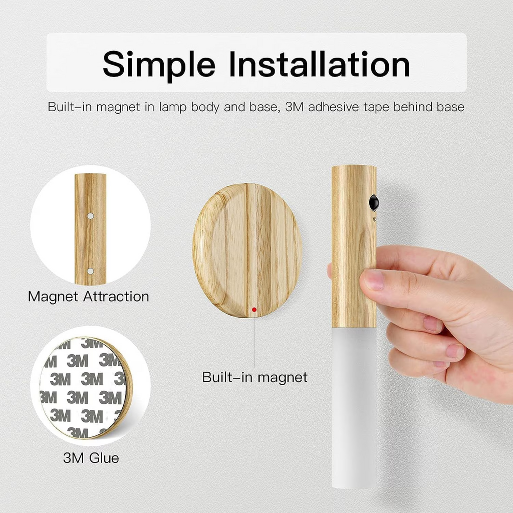 Wall Mounted Rechargeable Motion Sensor Night Lamp, Magnetic Induction Wooden Design Light