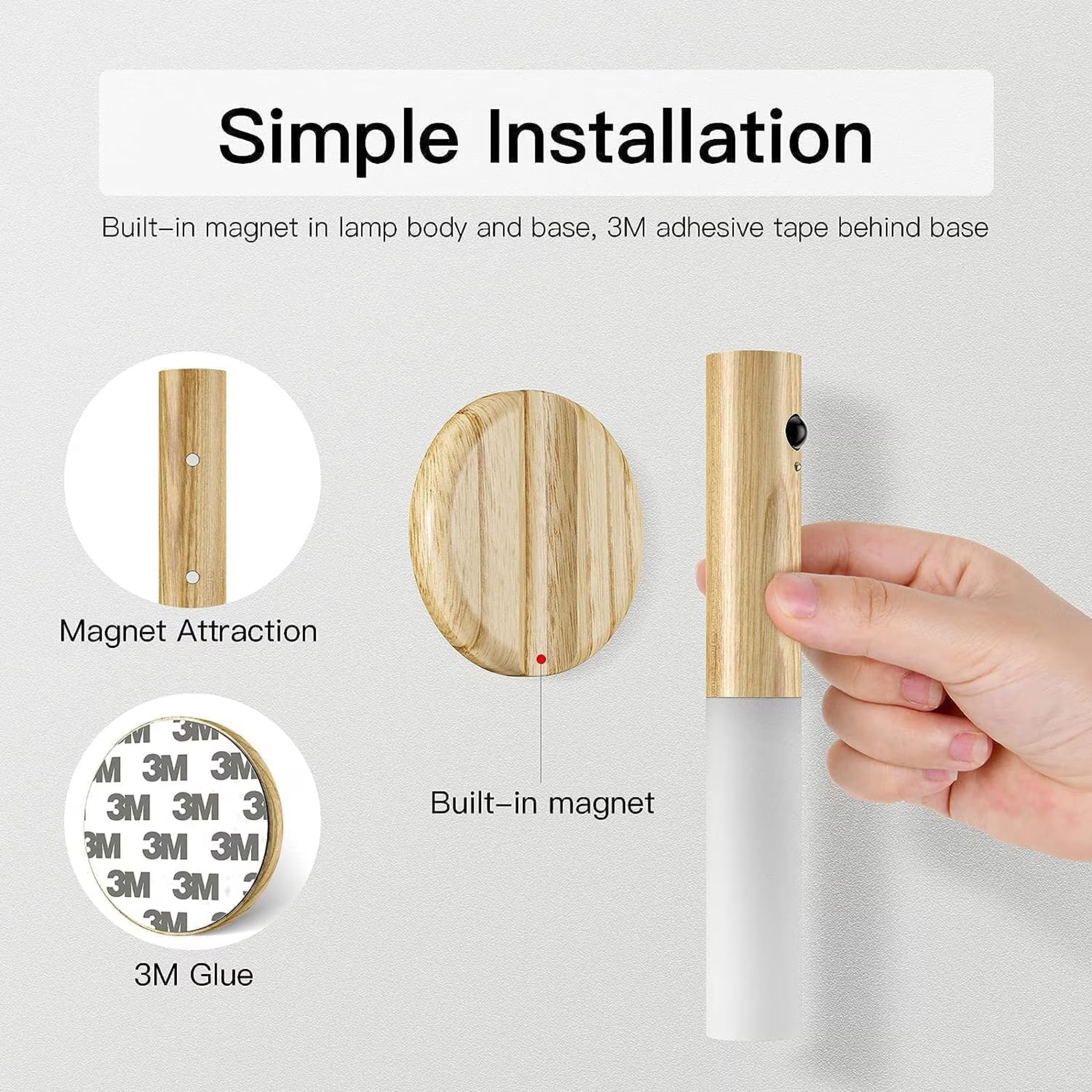 Wall Mounted Rechargeable Motion Sensor Night Lamp, Magnetic Induction Wooden Design Light