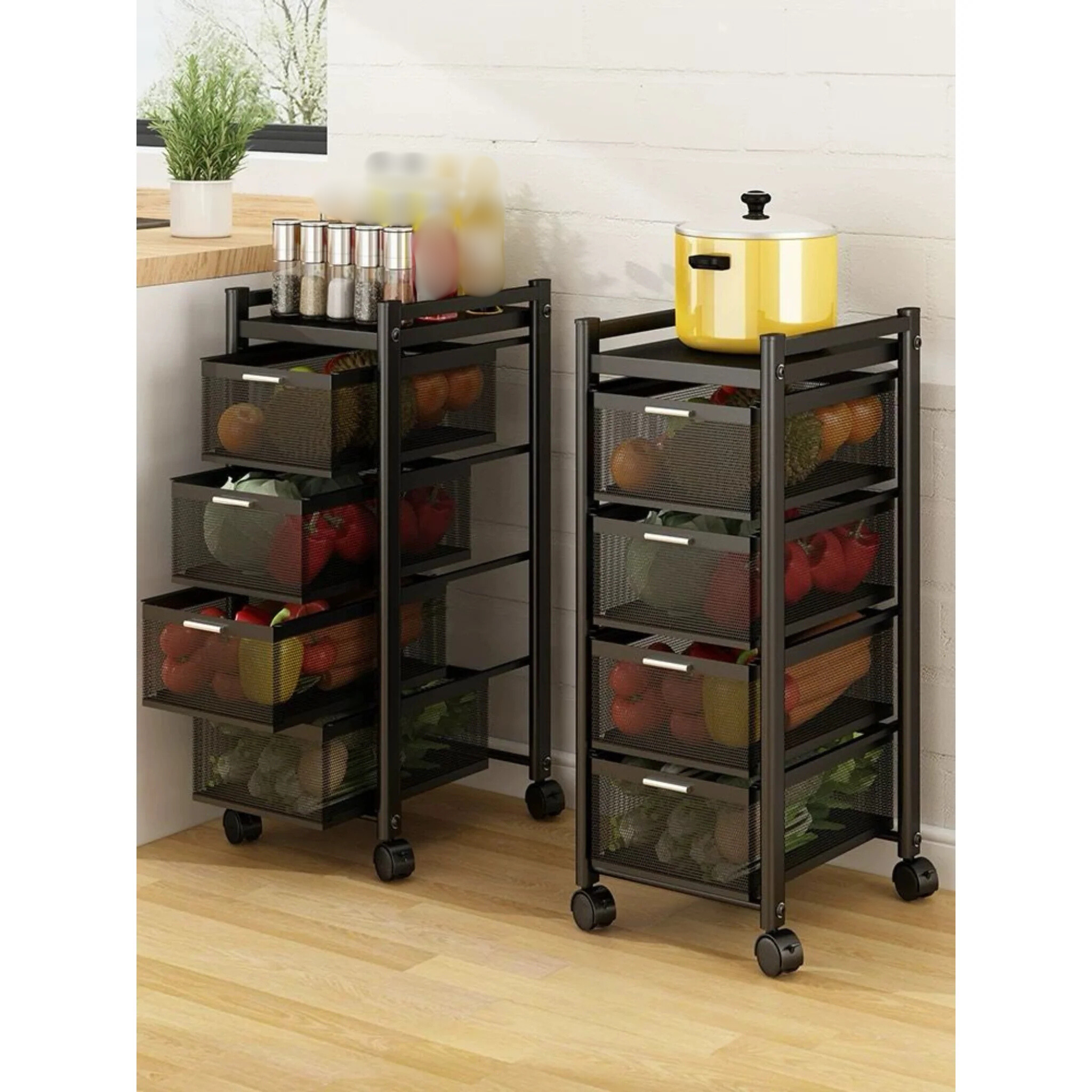 Multi-Layer Drawer Kitchen Trolley Rack, Movable Storage Cart, Pull-Out Organizer with Wheel