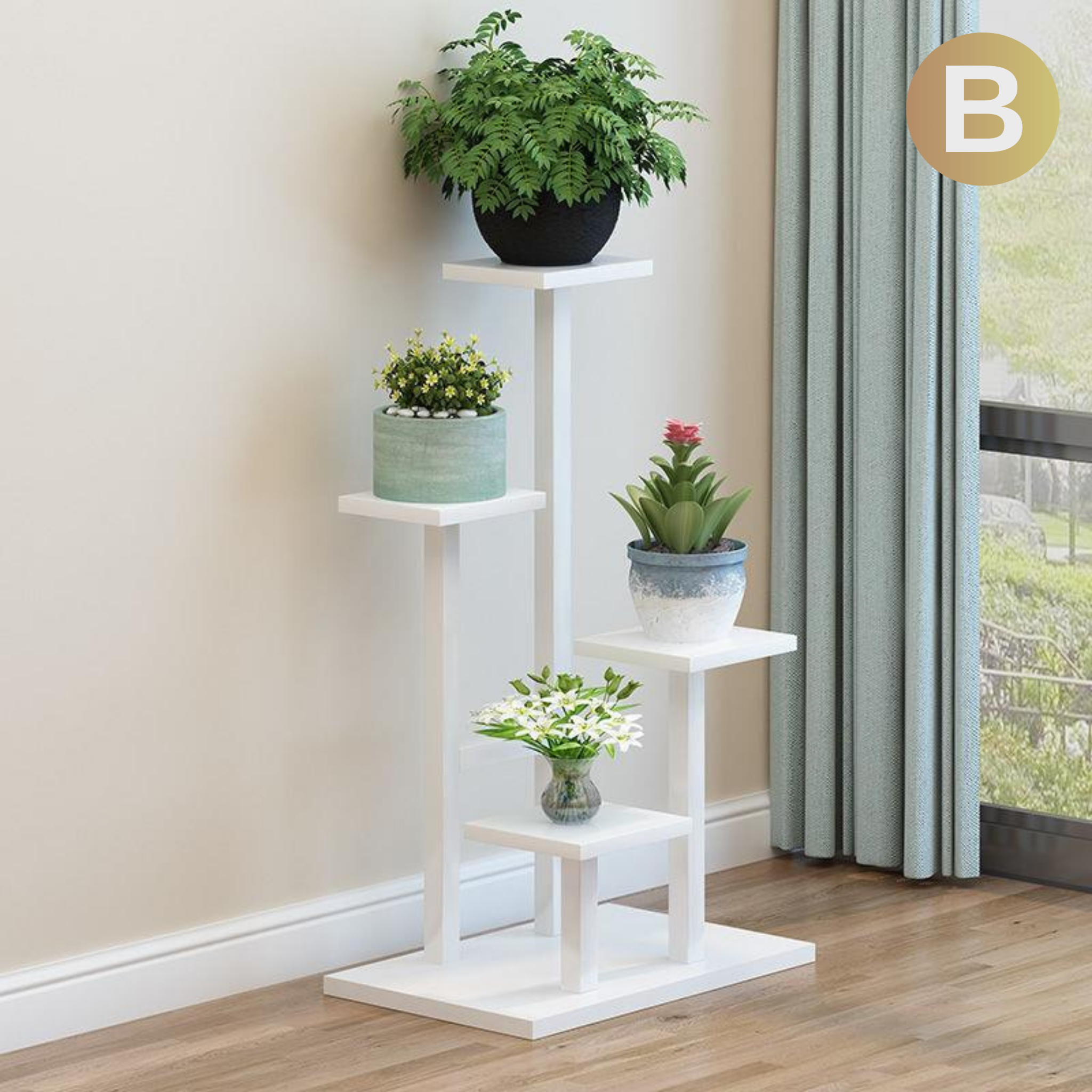 A modern indoor plant stand with four tiers, made of metal and plywood, with various plants displayed on each tier.
