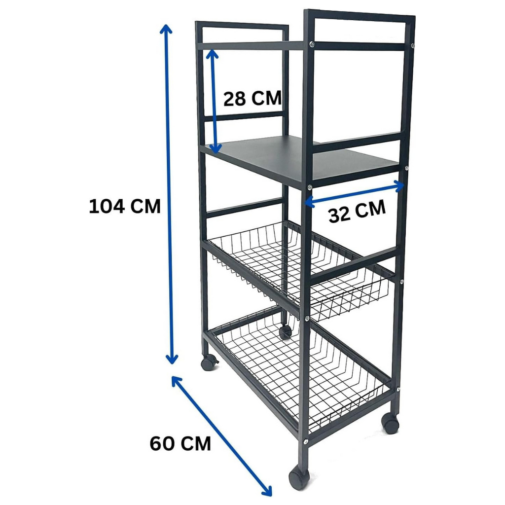 4 Tier Metal Storage Rack on Wheels, Trolley Cart Shelf for Kitchen Vegetables, Fruits and Oven Organization