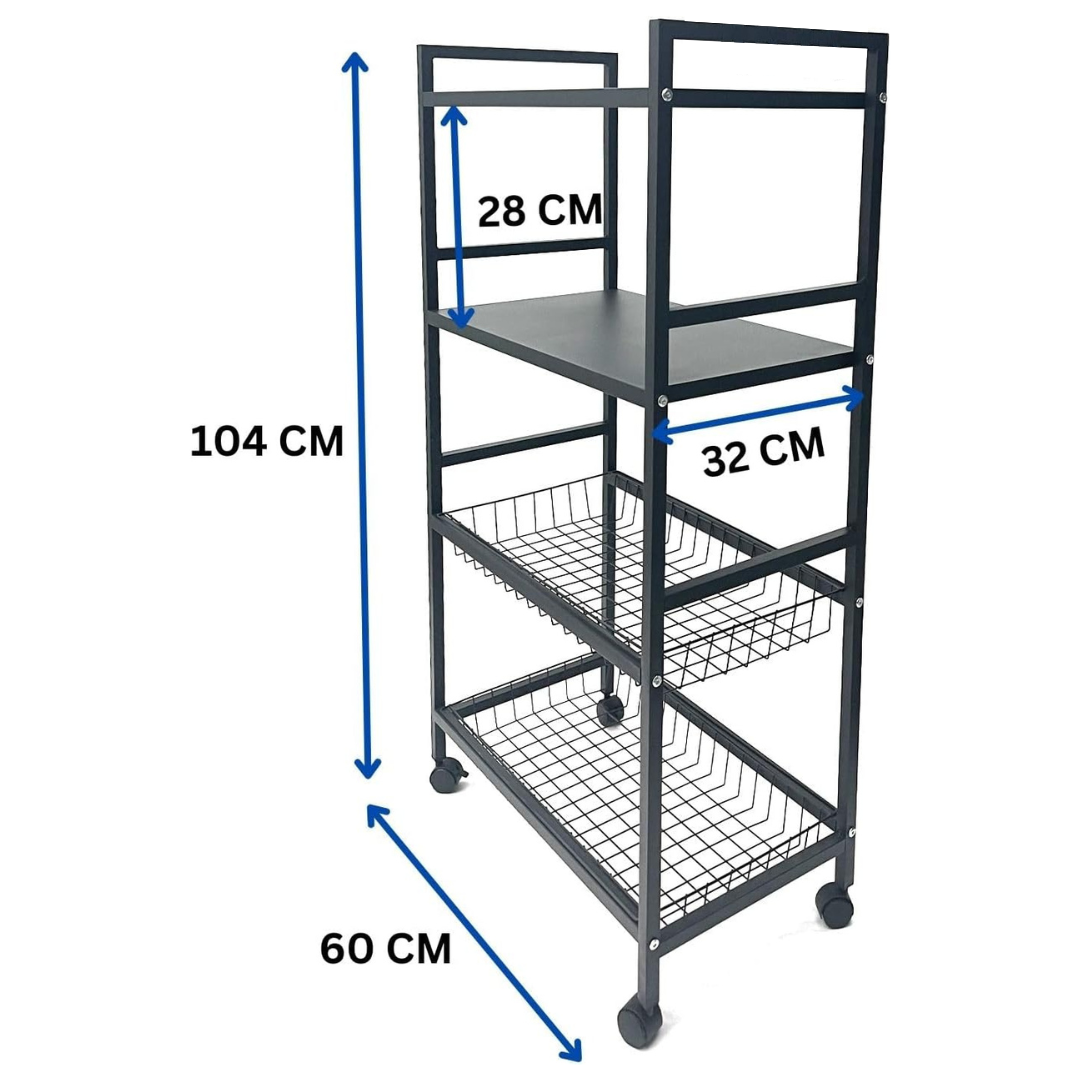 4 Tier Metal Storage Rack on Wheels, Trolley Cart Shelf for Kitchen Vegetables, Fruits and Oven Organization