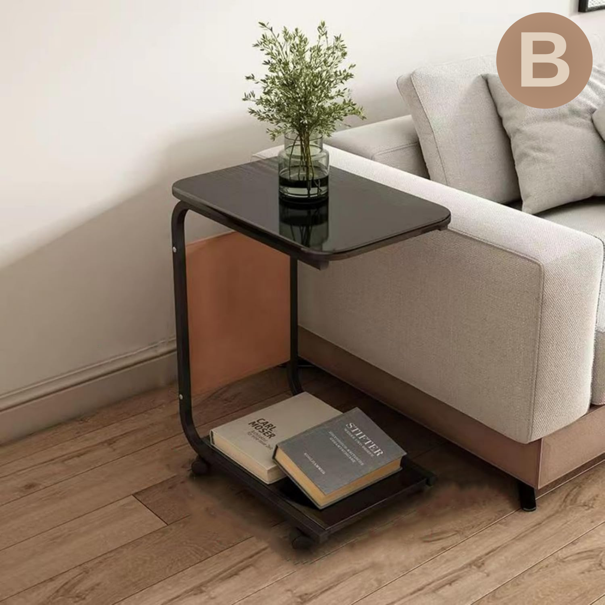 C Shaped Bedside Coffee Table with Side Pocket & Wheels