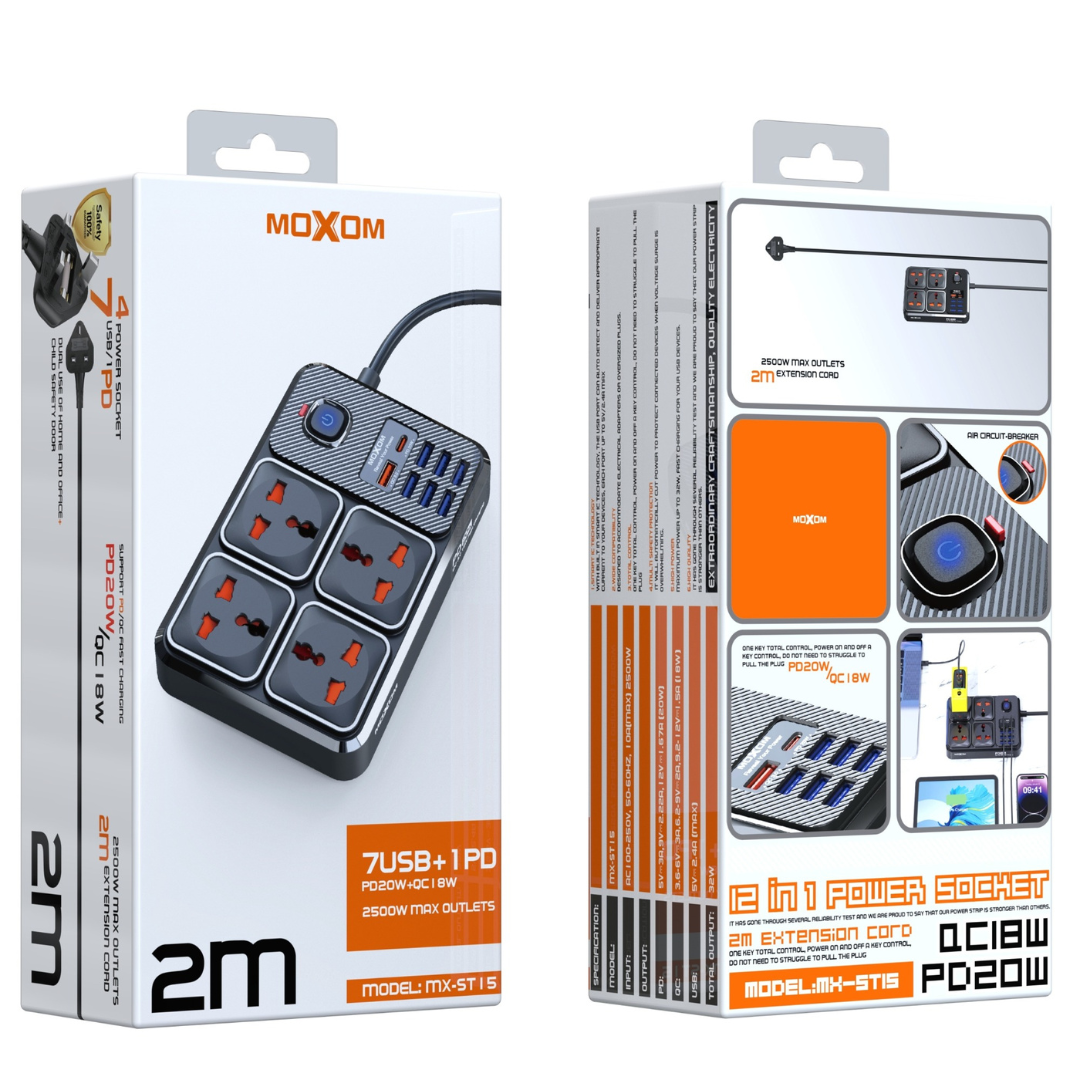 MOXOM MX-ST15 PD20W+QC18W 2500W Strip USB Adapter Extension Board