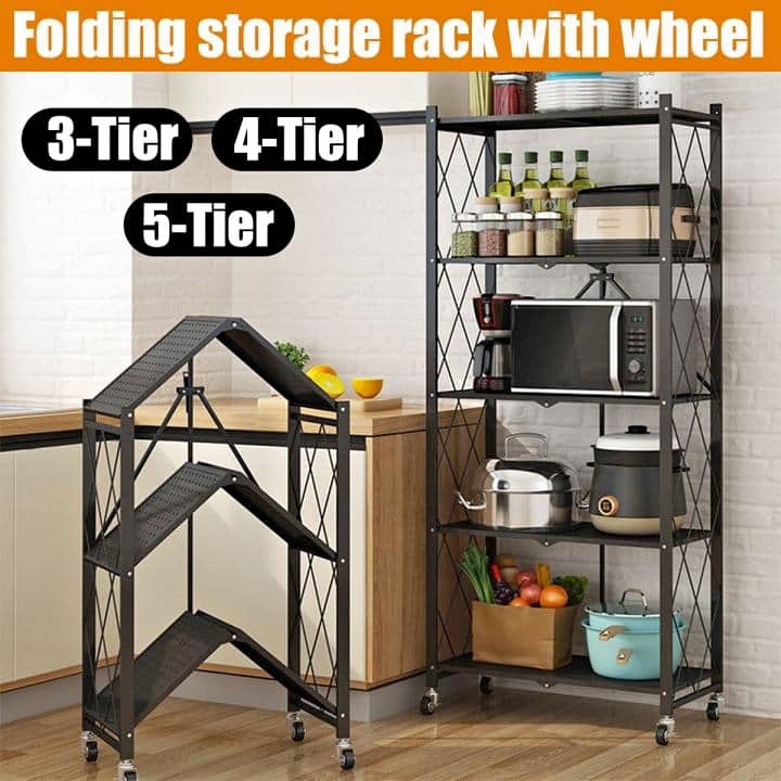 Multi Tier Heavy Duty Foldable Kitchen Storage Rack with Wheels