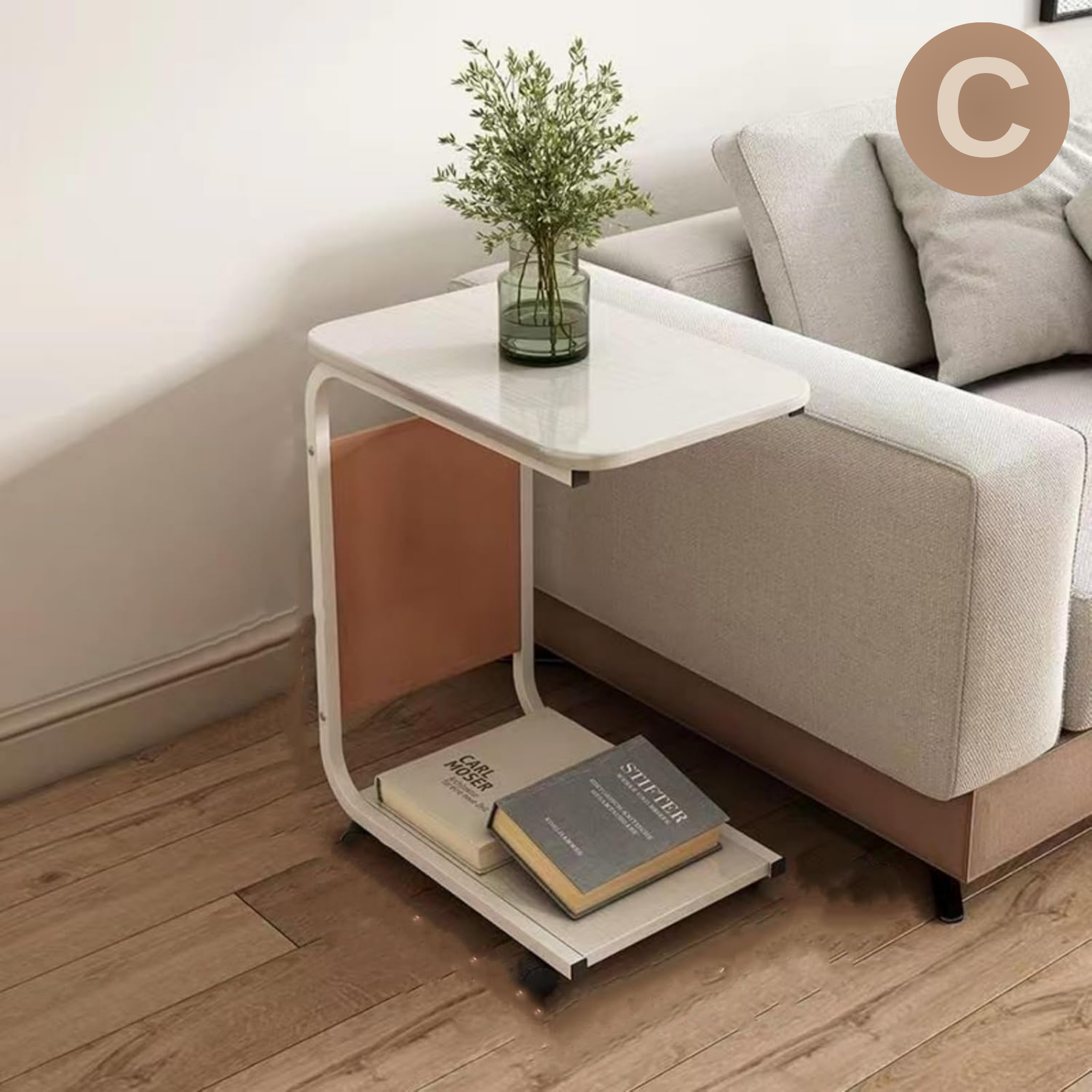 C Shaped Bedside Coffee Table with Side Pocket & Wheels