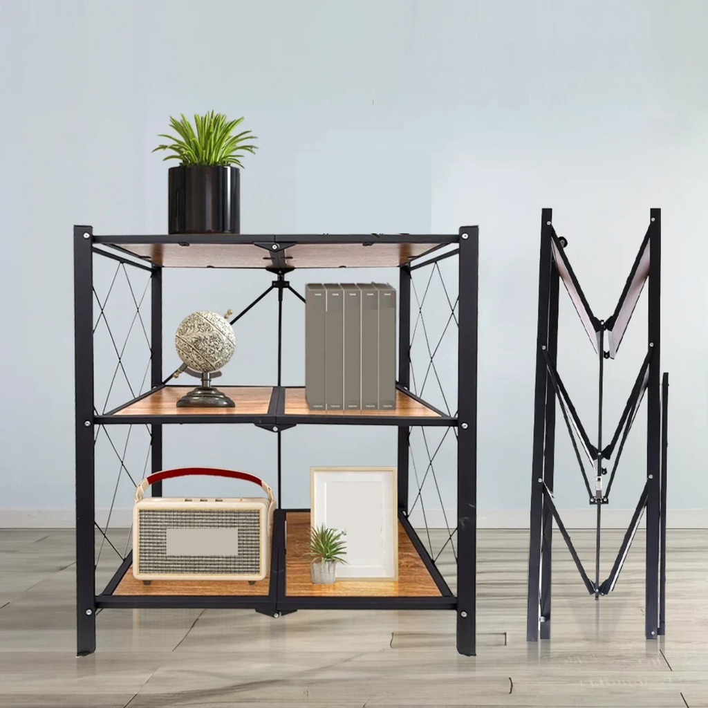 Heavy Duty Folding Storage Rack with Wooden Shelf for Kitchen and Home
