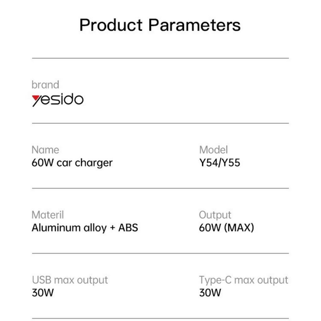 Yesido Y55 60W Fast Charging Car Charger Adapter