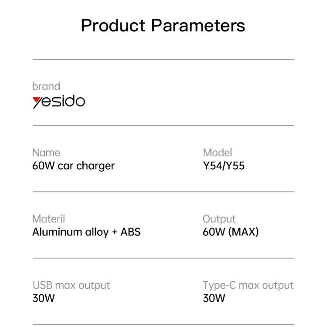 Yesido Y55 60W Fast Charging Car Charger Adapter