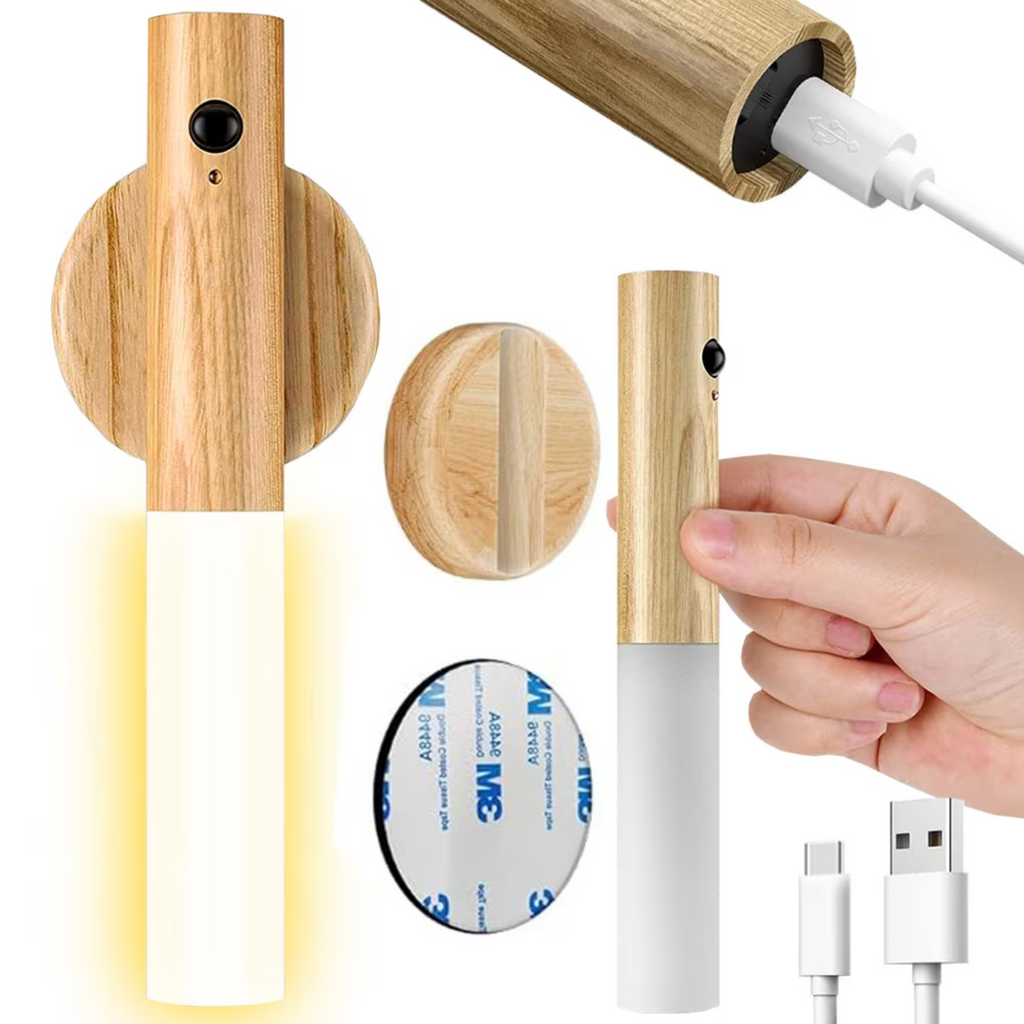 Wall Mounted Rechargeable Motion Sensor Night Lamp, Magnetic Induction Wooden Design Light