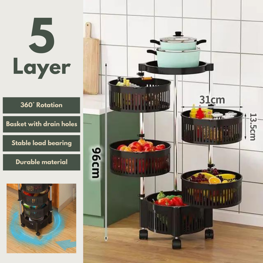 360° Rotating Kitchen Storage Rack, 5 Layer Organizer Shelf