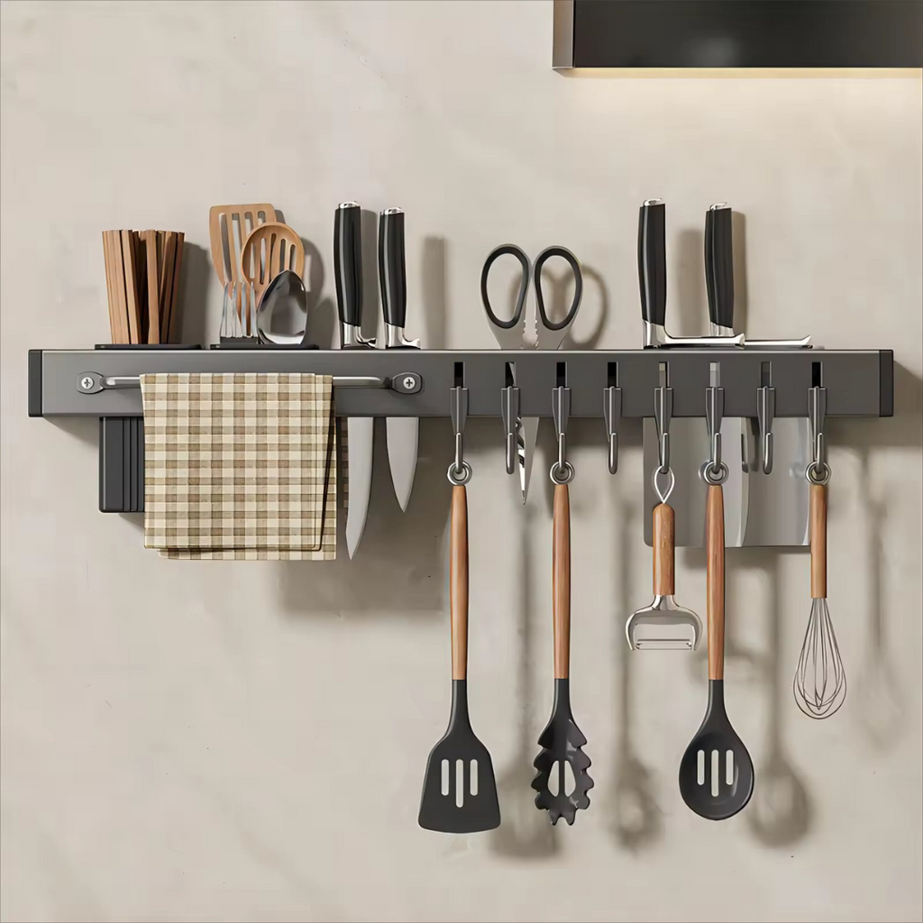 Metal Knife Chopsticks Storage Holder, Spoon Fork Spatula Organizer with Hooks And Towel Rack