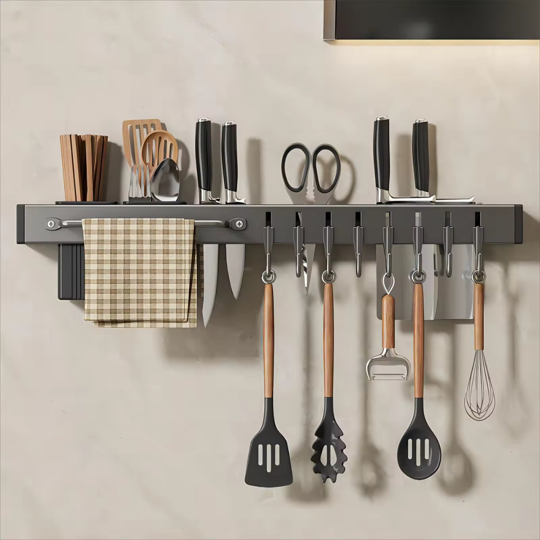 Metal Knife Chopsticks Storage Holder, Spoon Fork Spatula Organizer with Hooks And Towel Rack