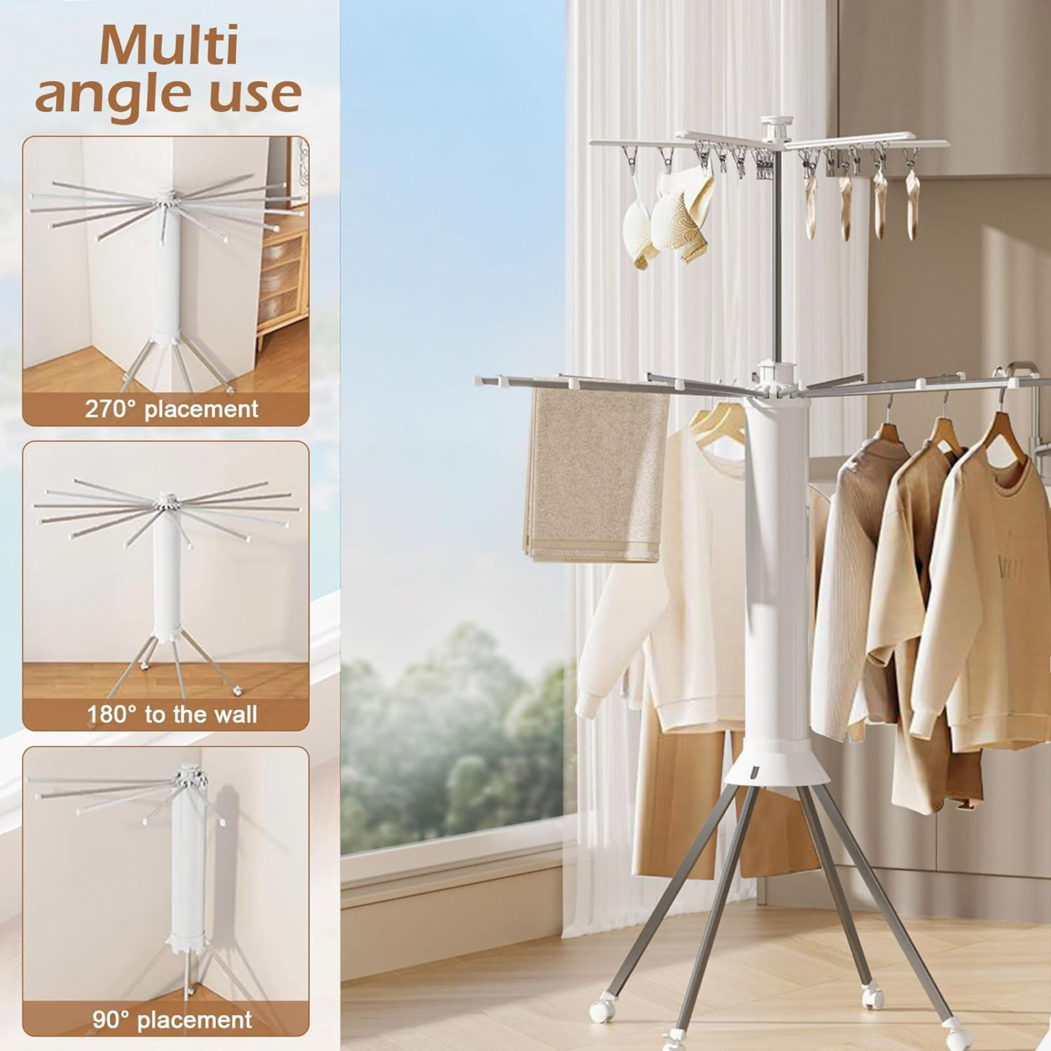 Folding Clothes Dryer, 360° Octopus Clothes Airer with Locking Wheels