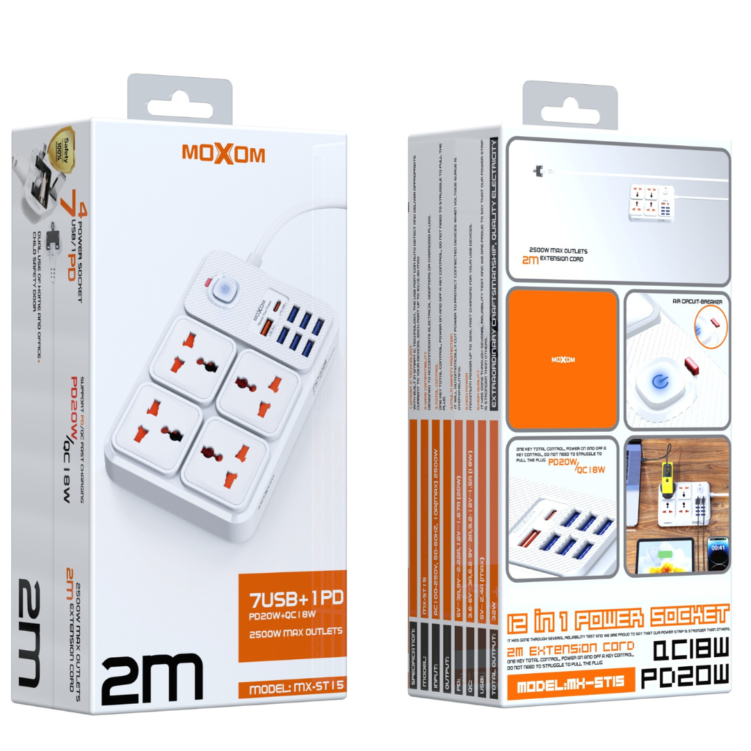 MOXOM MX-ST15 PD20W+QC18W 2500W Strip USB Adapter Extension Board